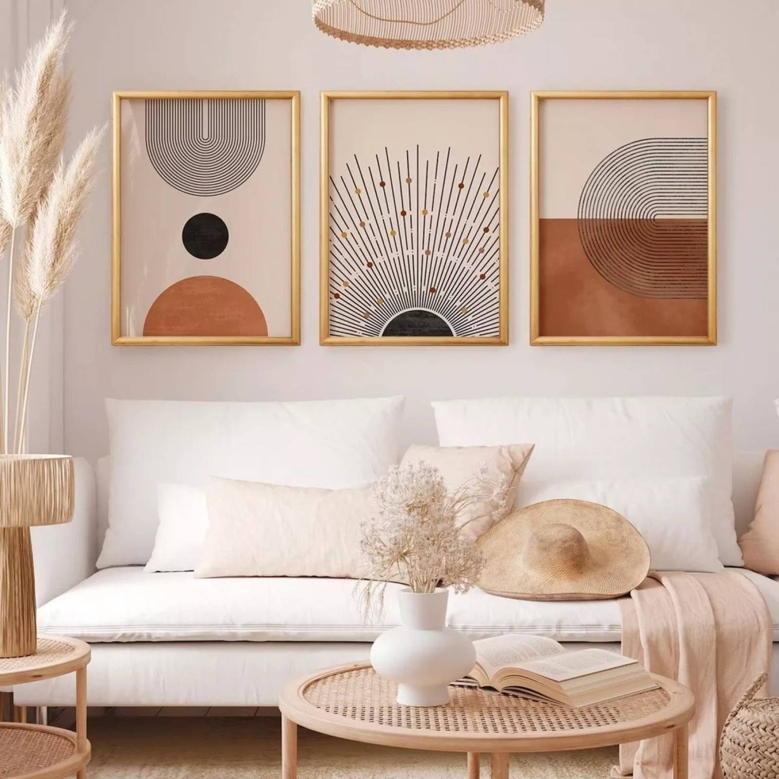 Set 3 Cuadros Minimalista Bauhaus Boho Neutral Marco Madera