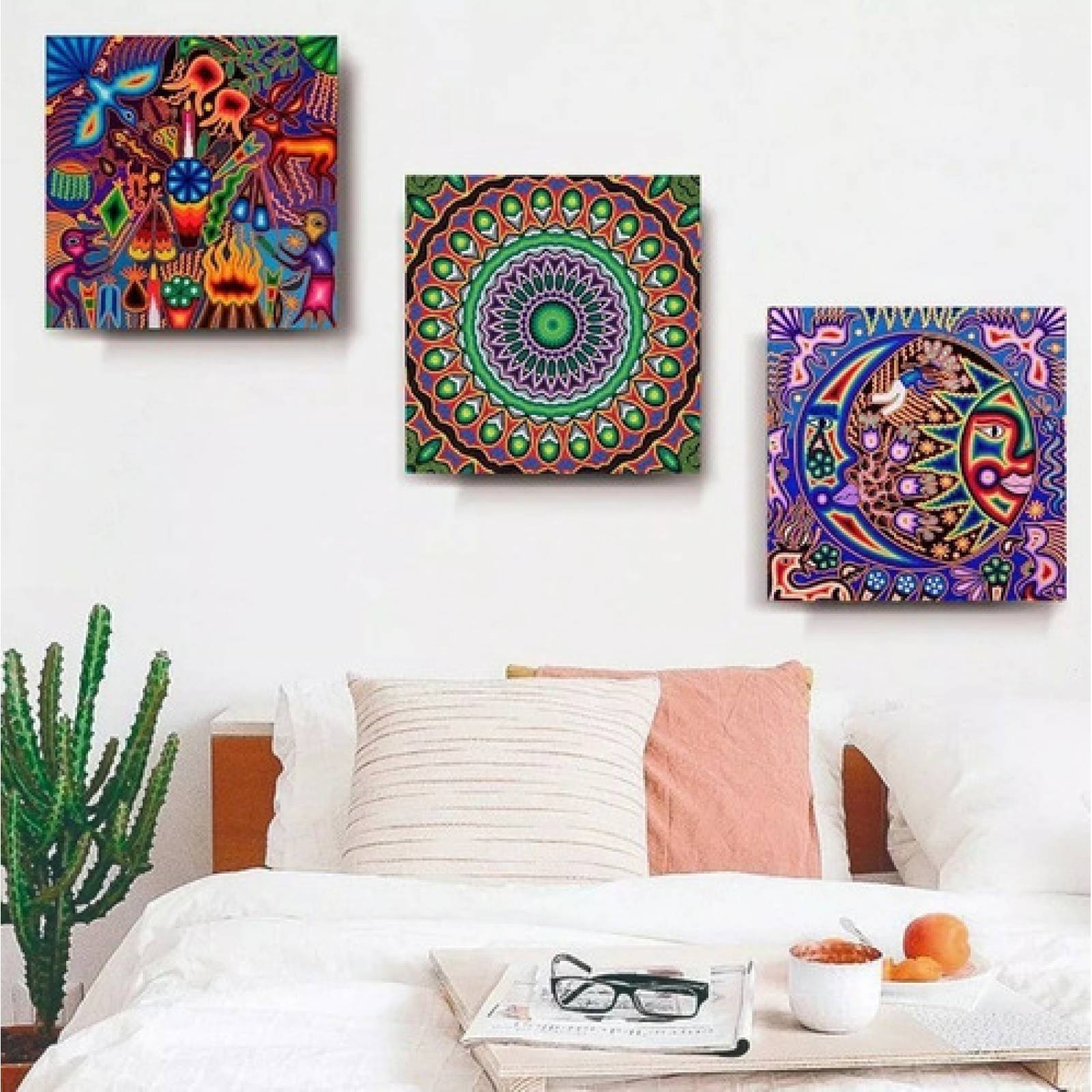 3 Cuadros Arte Huichol Mexicano Moderno Etnico para Sala, Recamara