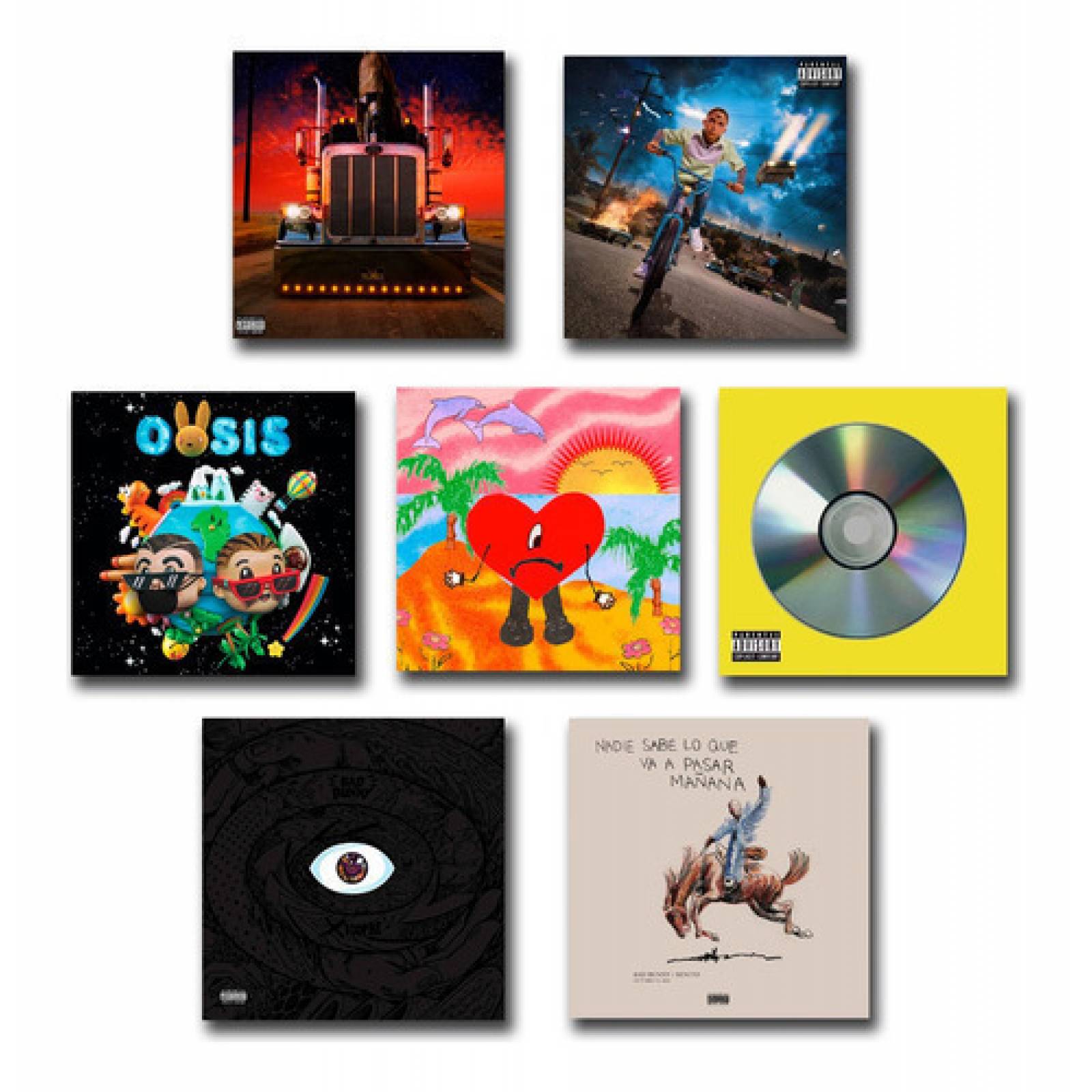 Cuadros Bad Bunny Discografía 7 Piezas En Pvc Rígido 25x25cm