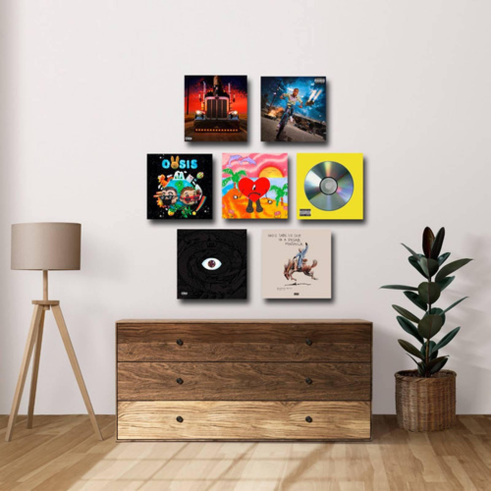 Cuadros Bad Bunny Discografía 7 Piezas En Pvc Rígido 25x25cm