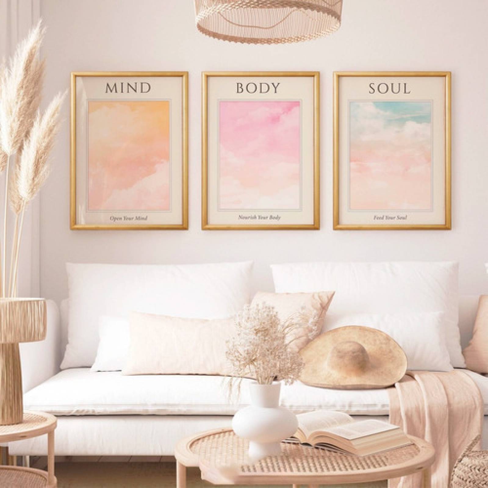 Set 3 Cuadros Mente Cuerpo Alma Bienestar Zen, Spa, con marco