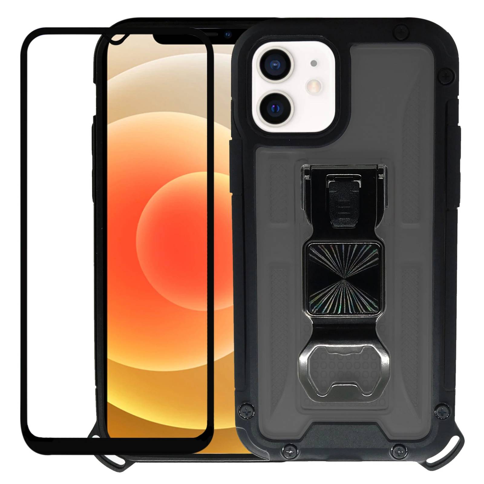Funda Uso Rudo incorporado con destapador para Iphone 12 Negro 1pz Mas Mica 9D