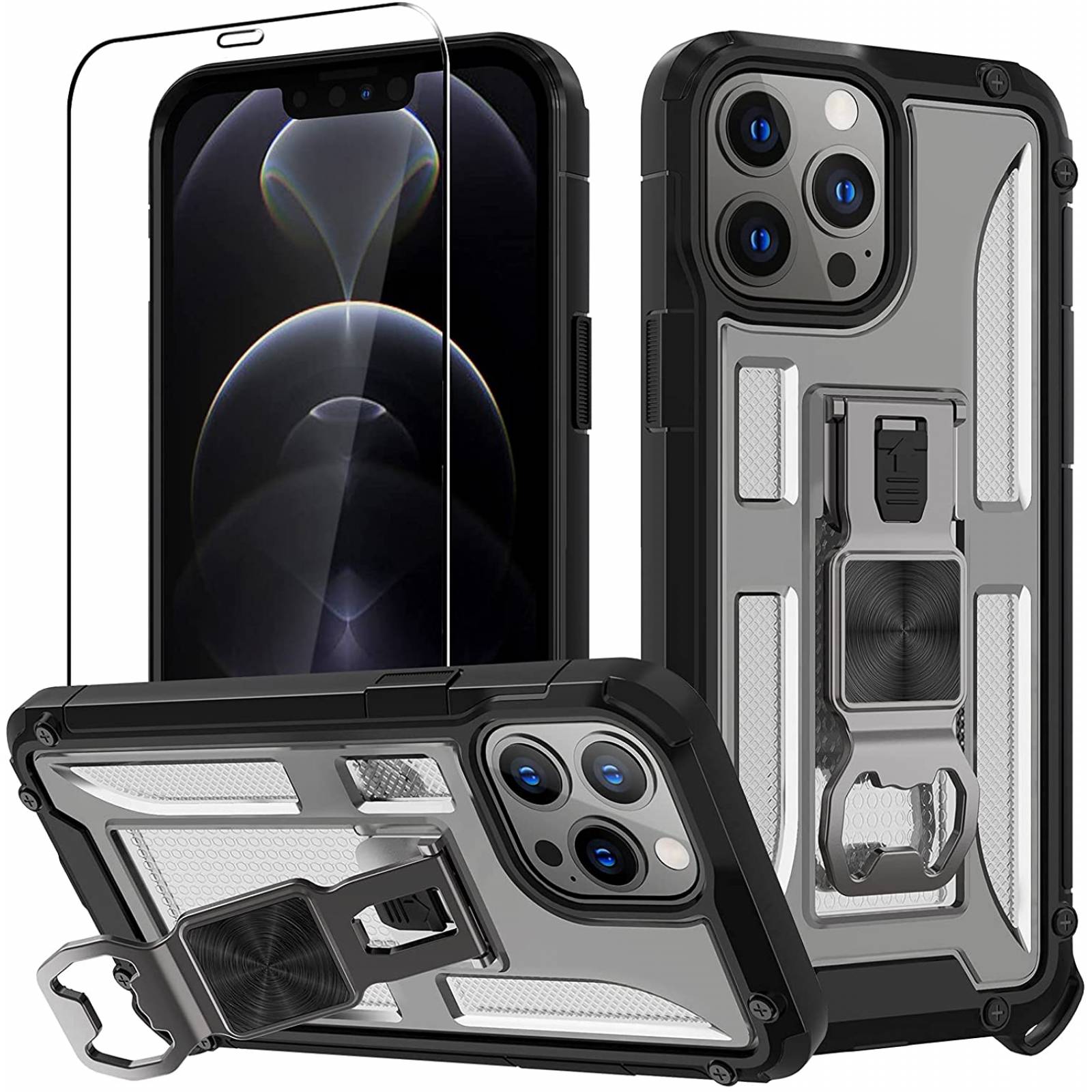 Funda Uso Rudo incorporado con destapador para Iphone 12 Negro 1pz Mas Mica 9D
