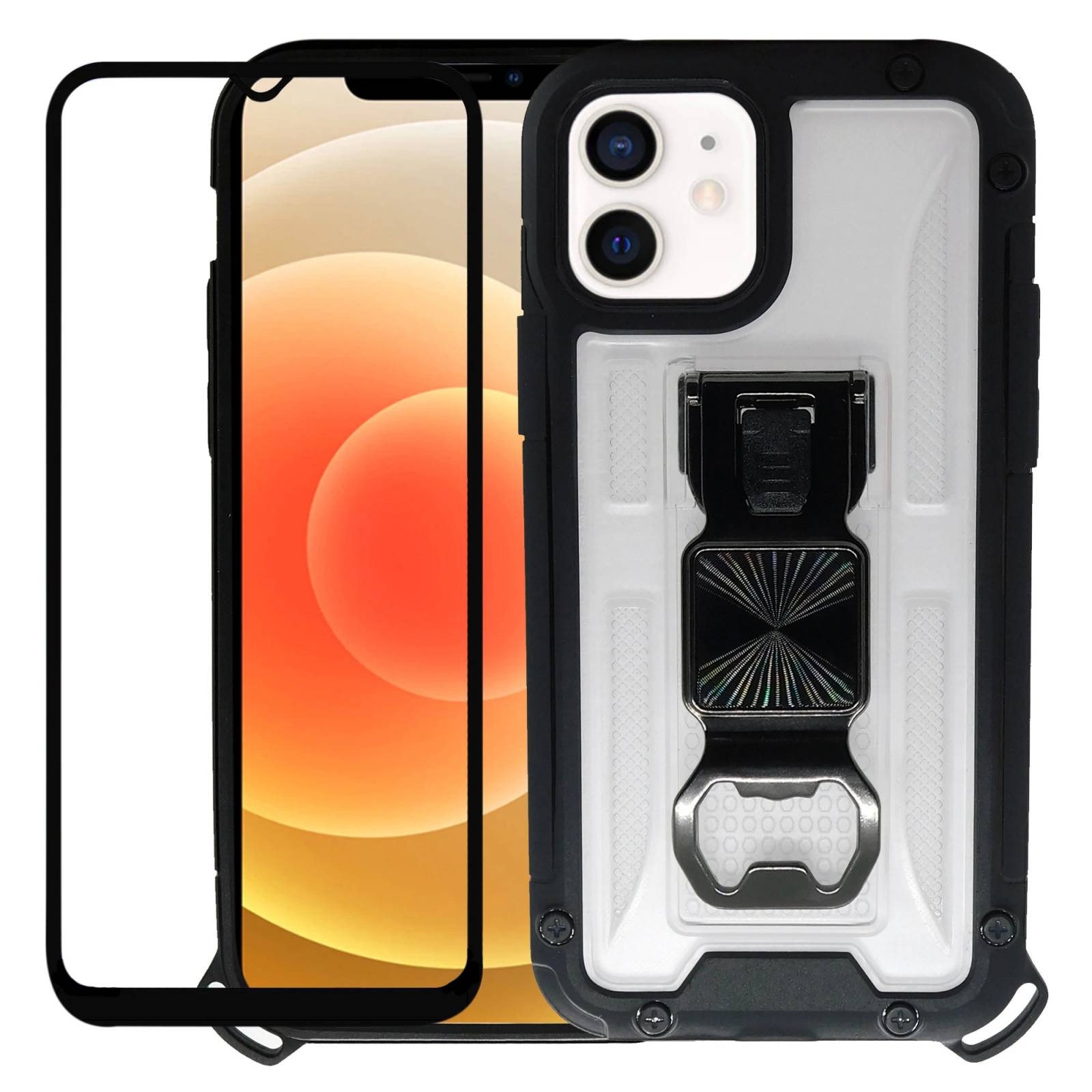 Funda Uso Rudo incorporado con destapador para Iphone 12 PRO  Transparente 1pz Mas Mica 9D