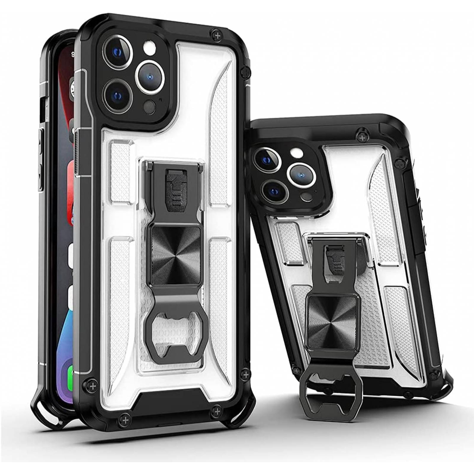 Funda Uso Rudo incorporado con destapador para Iphone 12 PRO  Transparente 1pz Mas Mica 9D