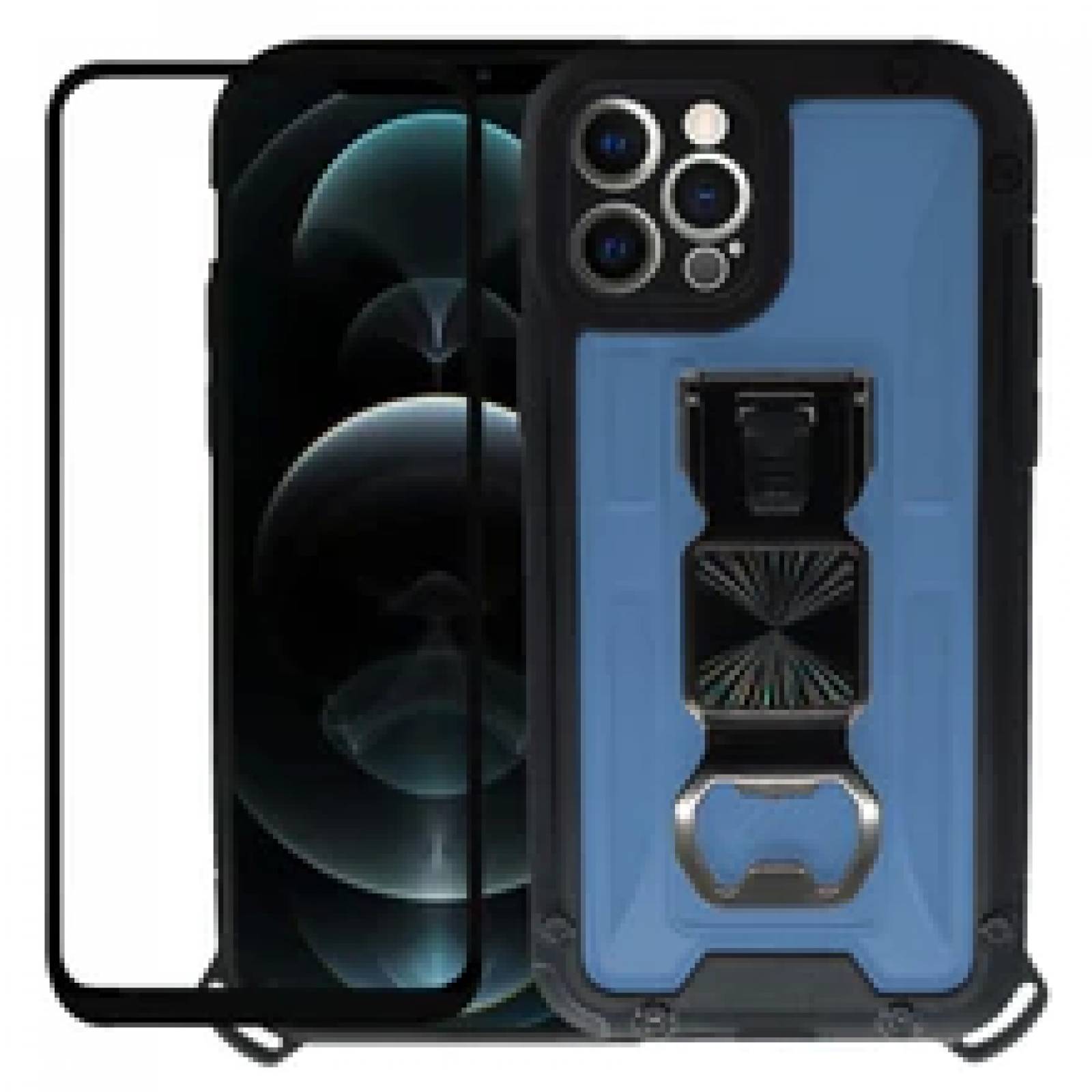 Funda Uso Rudo incorporado con destapador para Iphone 12 Pro Max Azul 1pz Mas Mica 9D