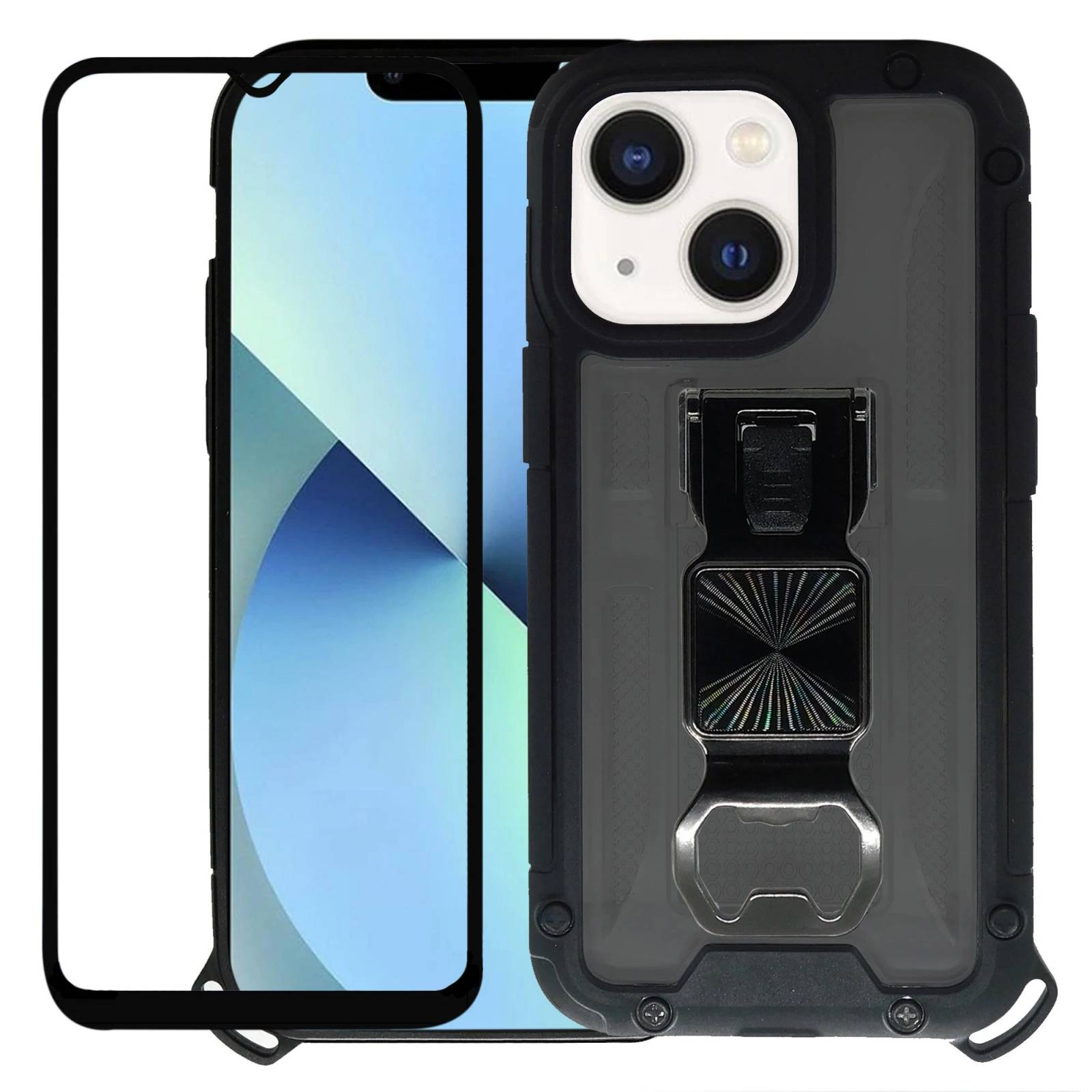 Funda Uso Rudo incorporado con destapador para Iphone 13 Negro 1pz Mas Mica 9D