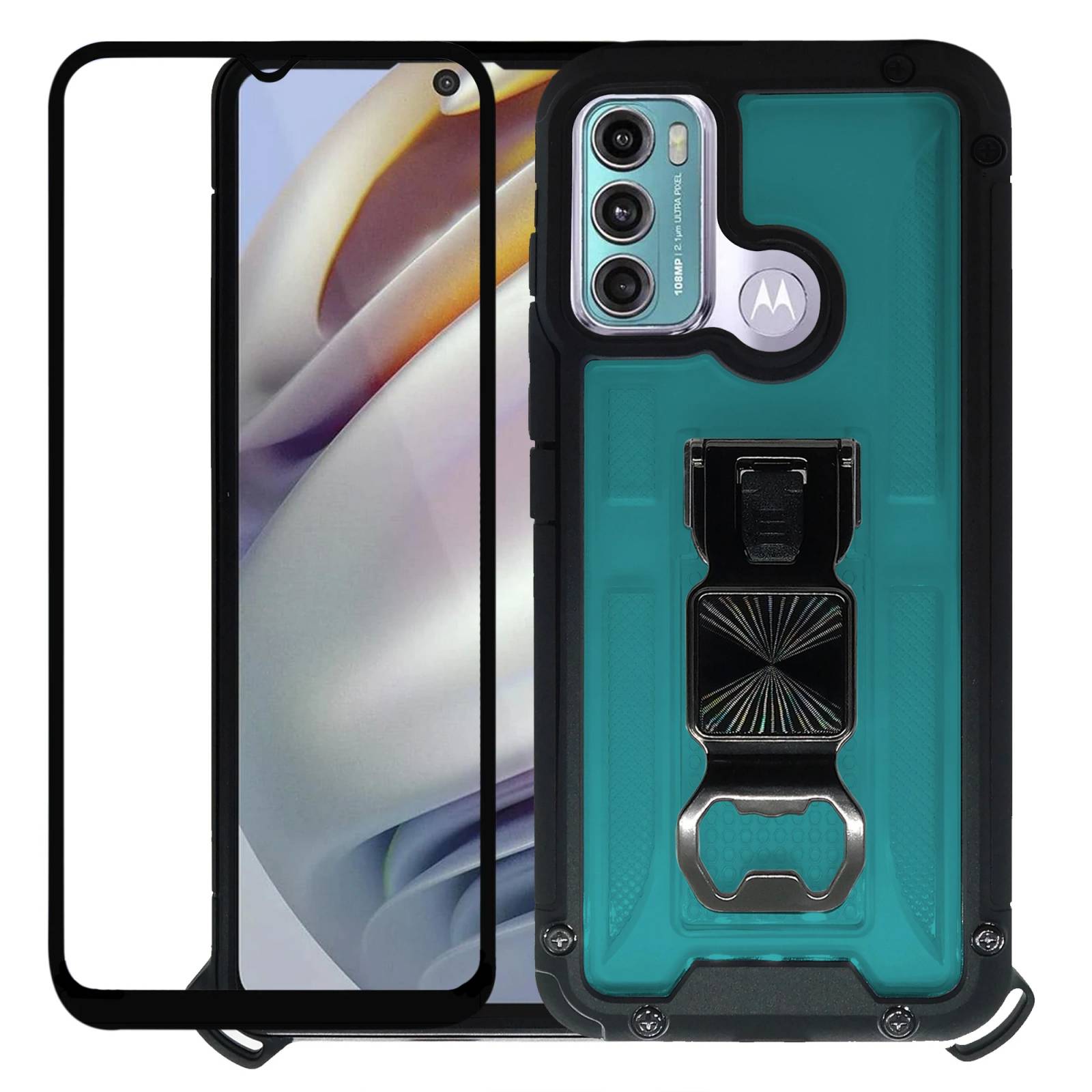 Funda Uso Rudo incorporado con destapador para Moto G60 Verde 1pz Mas Mica 9D