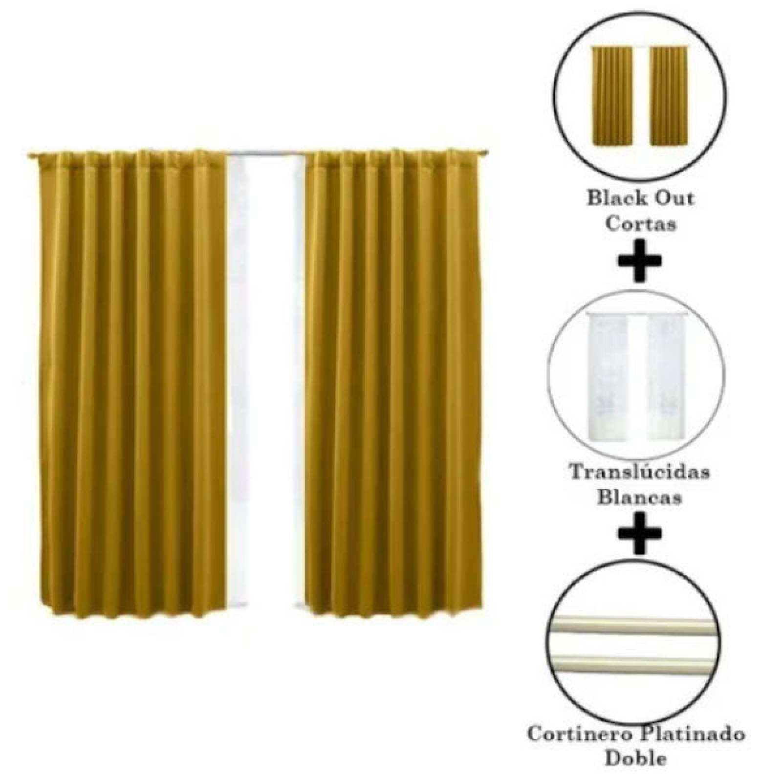 Set De Cortinas Para Recámara | Cortinas Blackout Mostaza + Traslúcidas + Cortinero