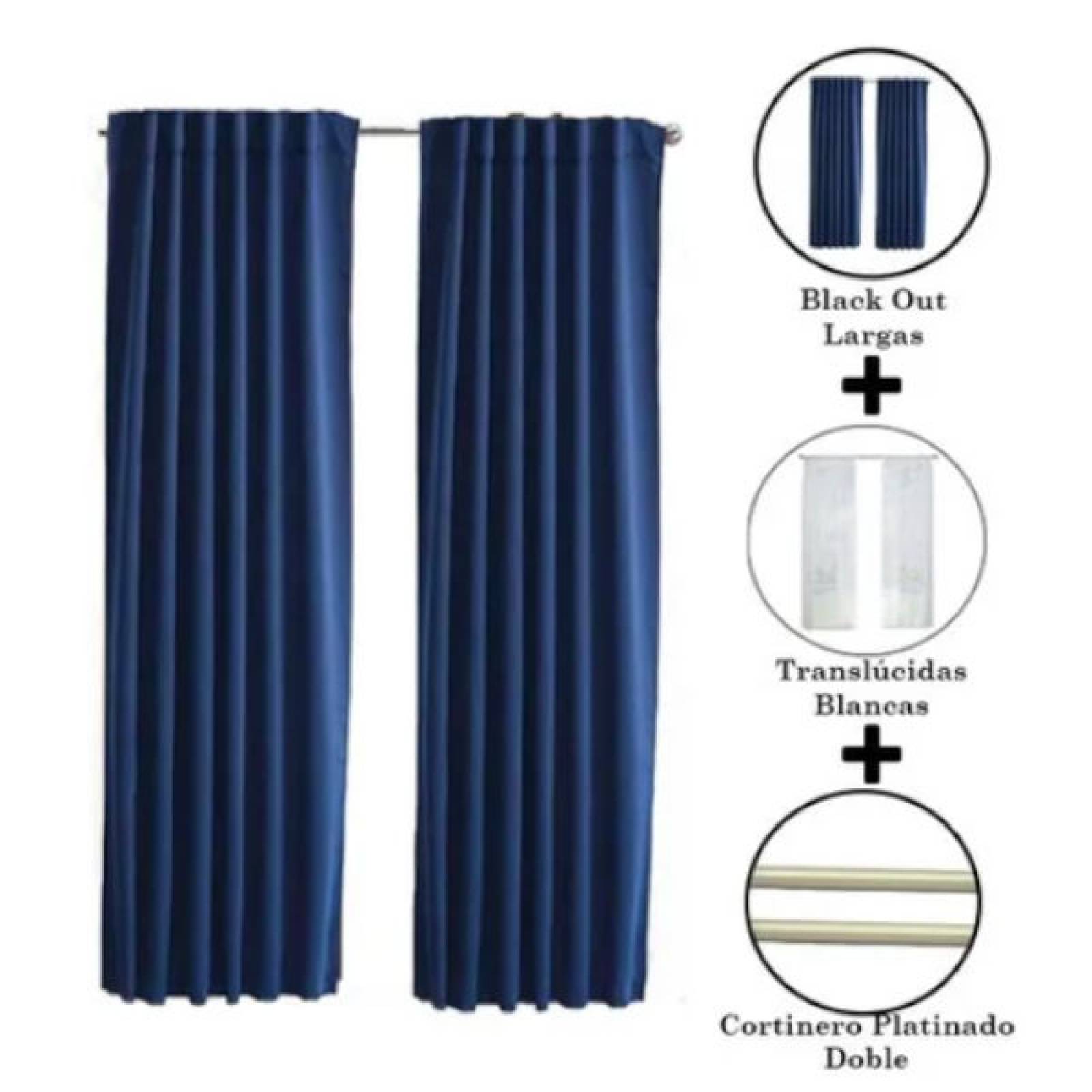 Set De Cortinas Para Sala | Cortinas Blackout Azules + Traslúcidas + Cortinero