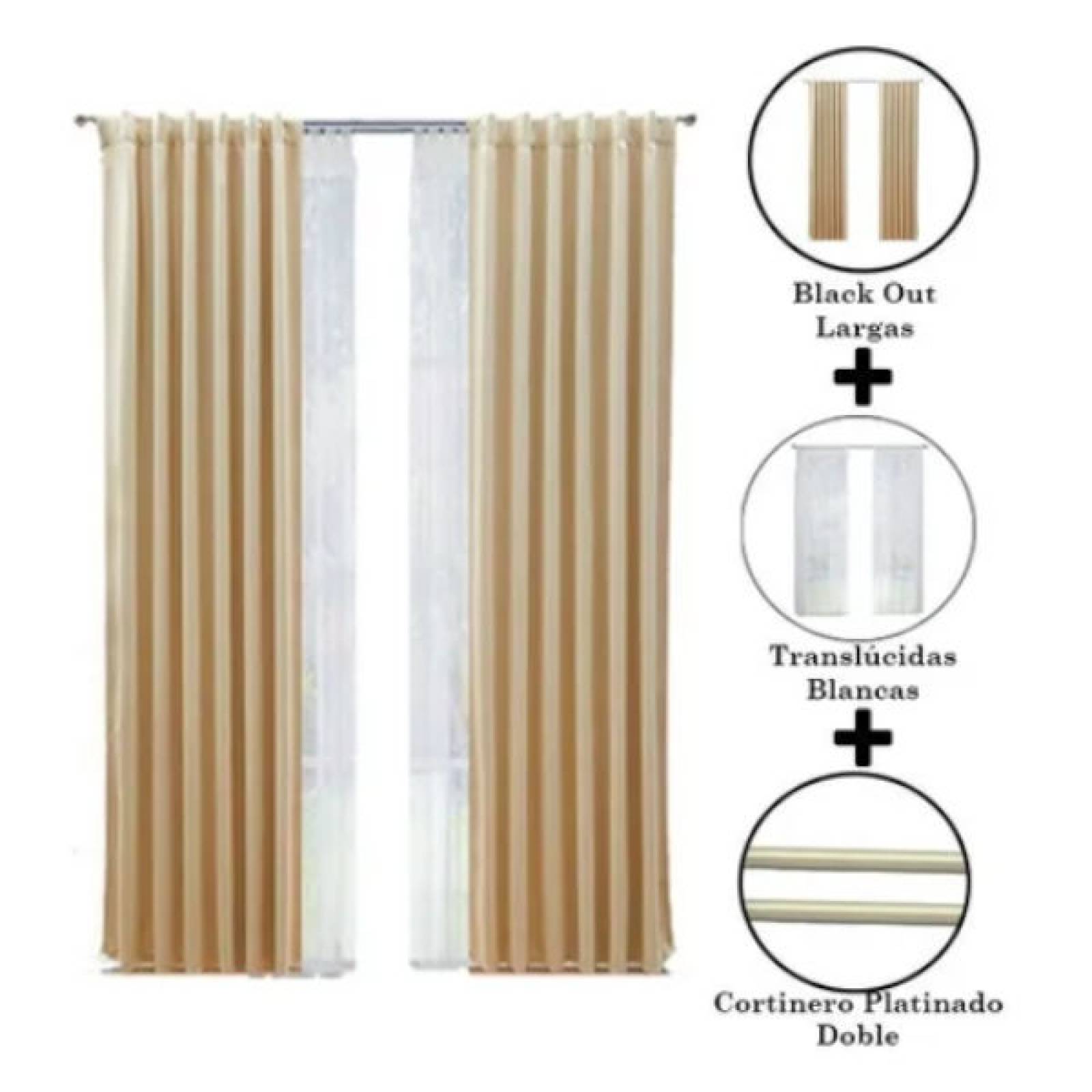 Set De Cortinas Para Sala | Cortinas Blackout Beige + Traslúcidas + Cortinero