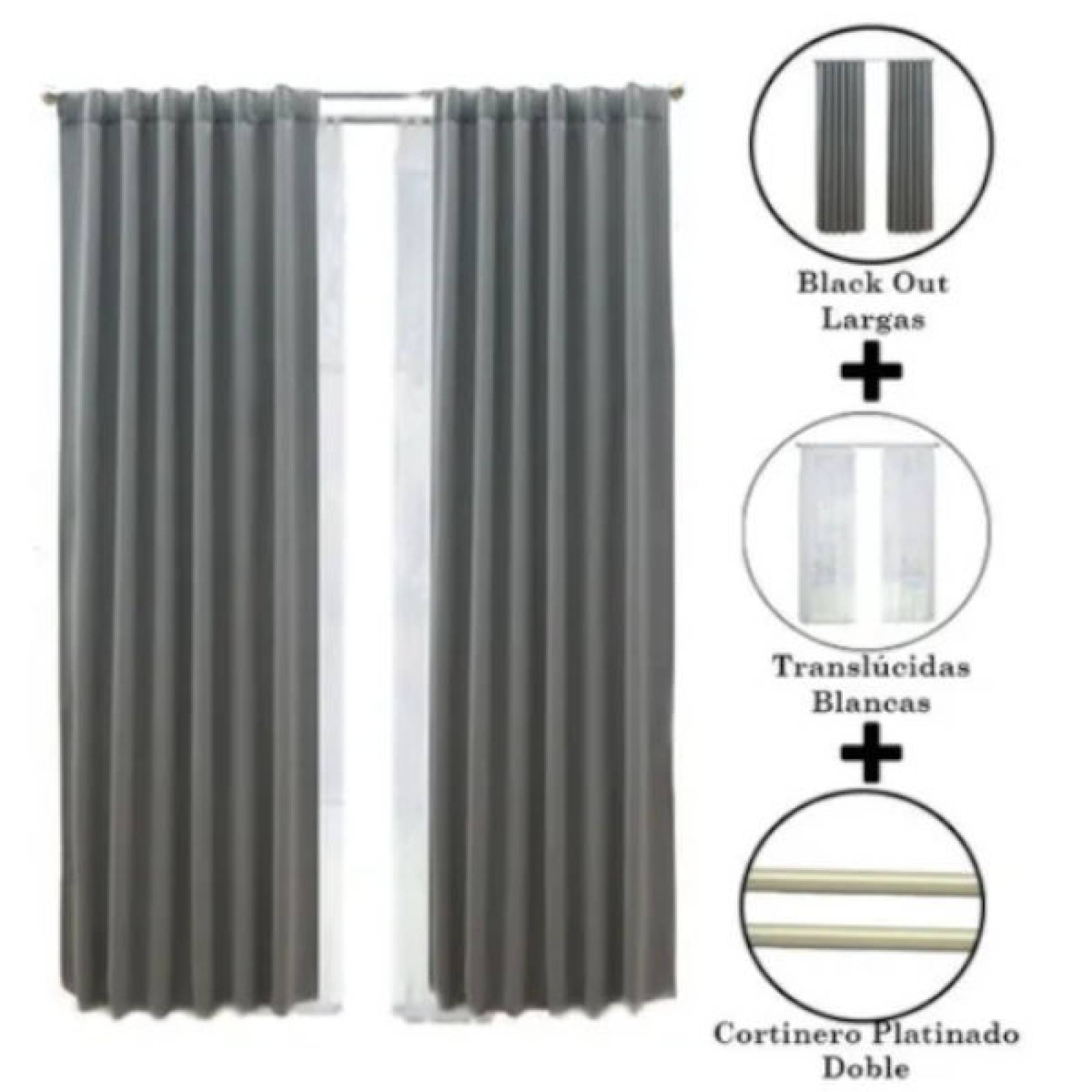 Set De Cortinas Para Sala | Cortinas Blackout Grises + Traslúcidas + Cortinero