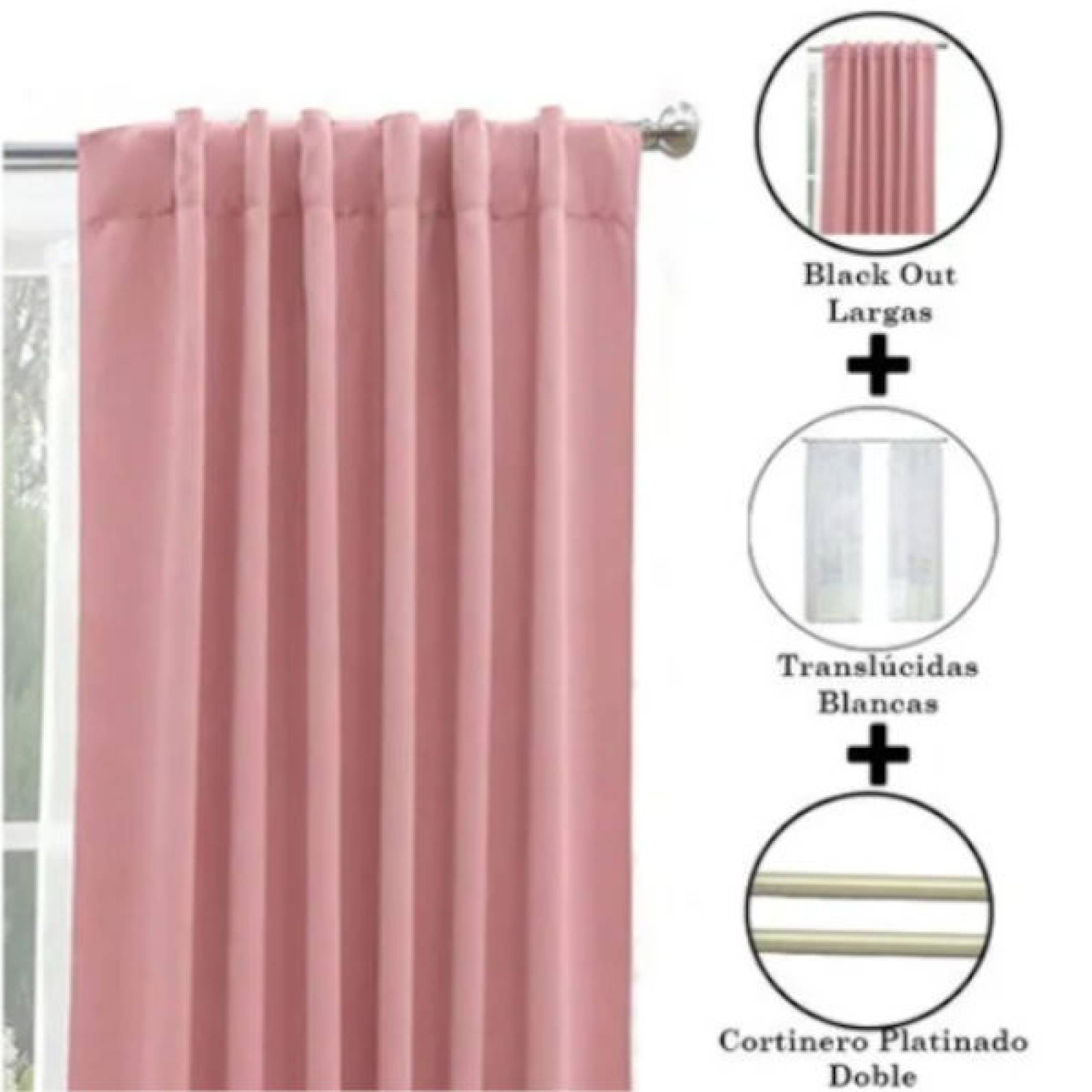 Set De Cortinas Para Sala | Cortinas Blackout Rosas + Traslúcidas + Cortinero