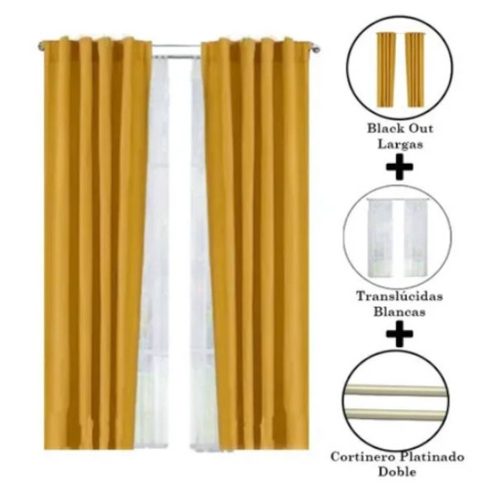 Set De Cortinas Para Sala | Cortinas Blackout Mostaza + Traslúcidas + Cortinero
