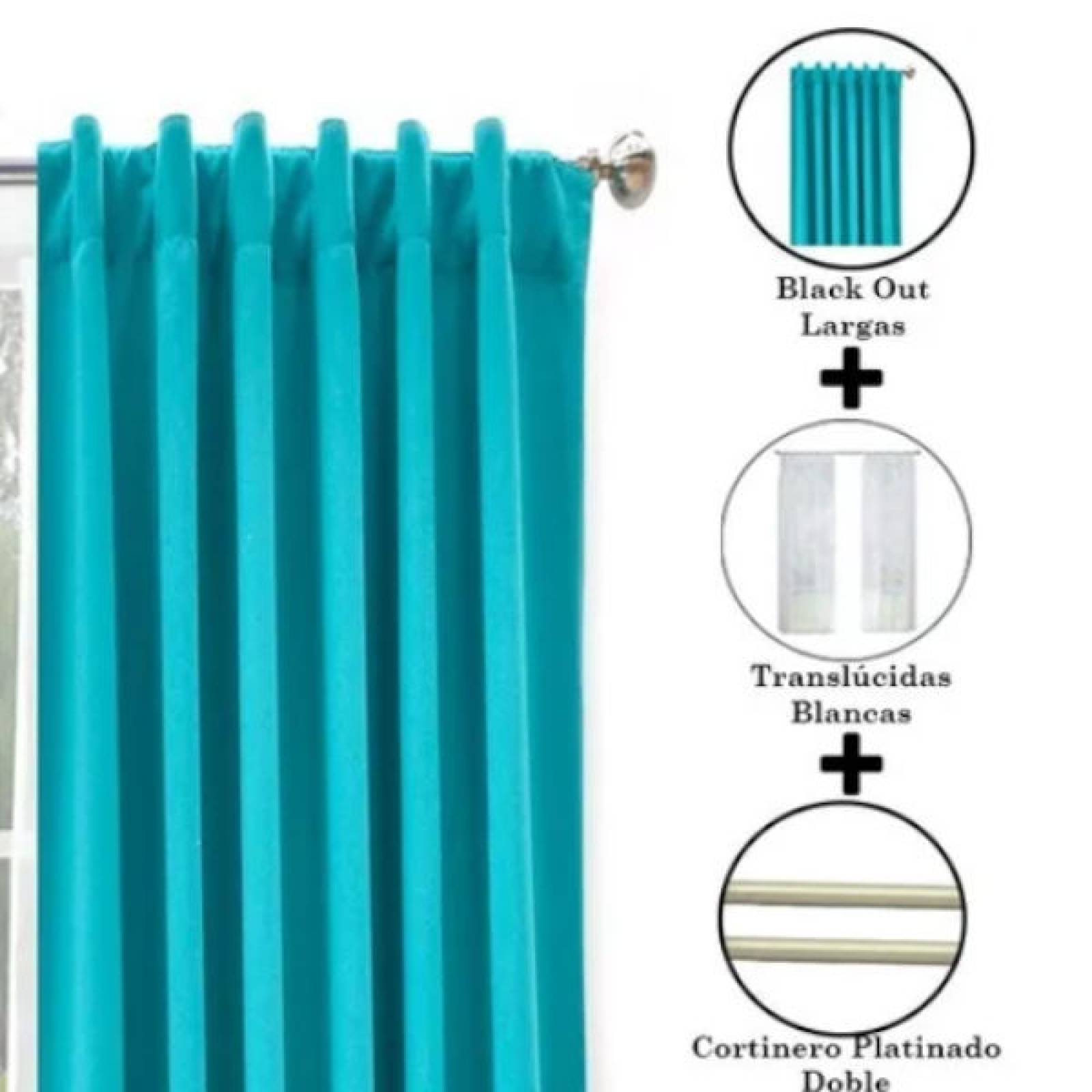 Set De Cortinas Para Sala | Cortinas Blackout Turquesas + Traslúcidas + Cortinero