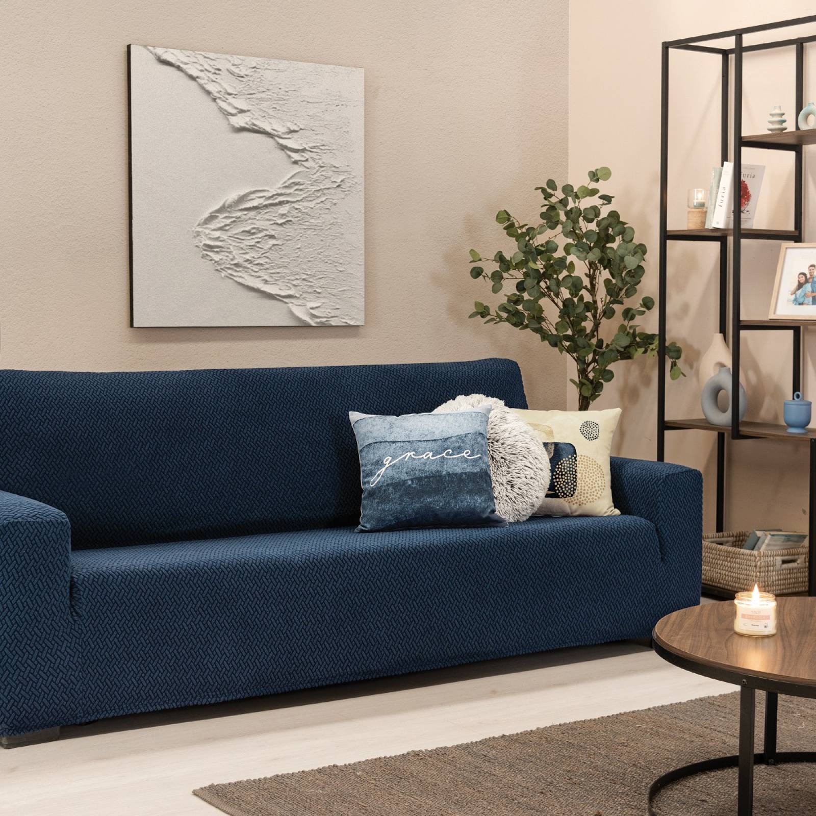 Elástica funda para sillón grande azul marino | Protector para sala sofa | Forro para sillón 3 plazas