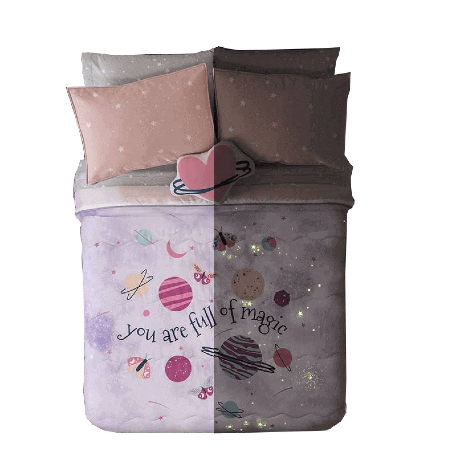 Edredón individual para niñas rosa, lila c/ funda y cojín