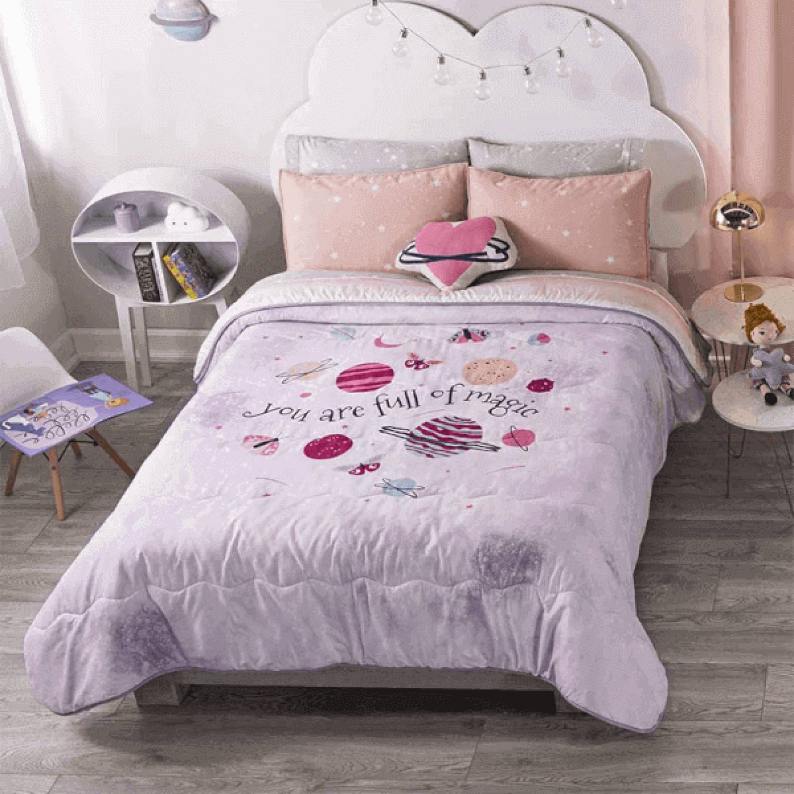 Edredón individual para niñas rosa, lila c/ funda y cojín
