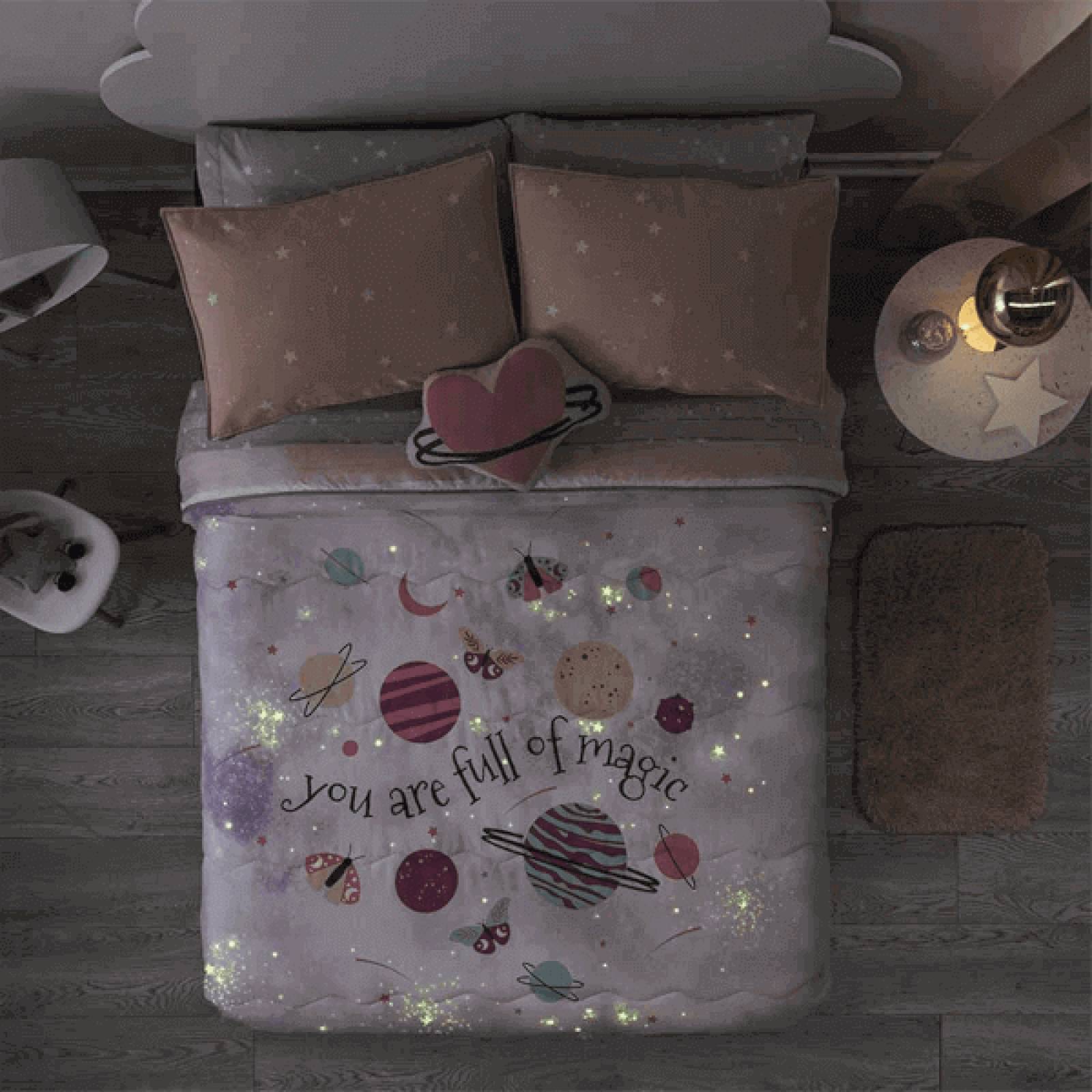 Edredón individual para niñas rosa, lila c/ funda y cojín