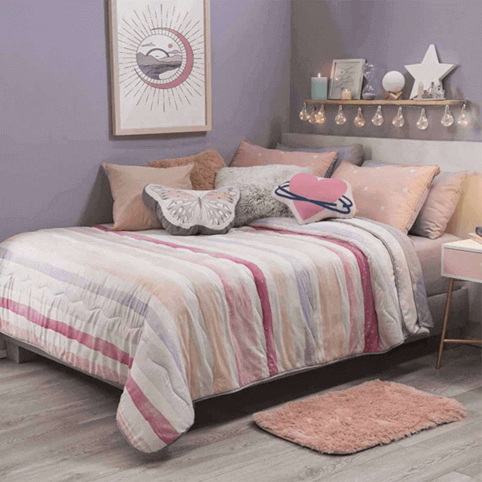 Edredón individual para niñas rosa, lila c/ funda y cojín