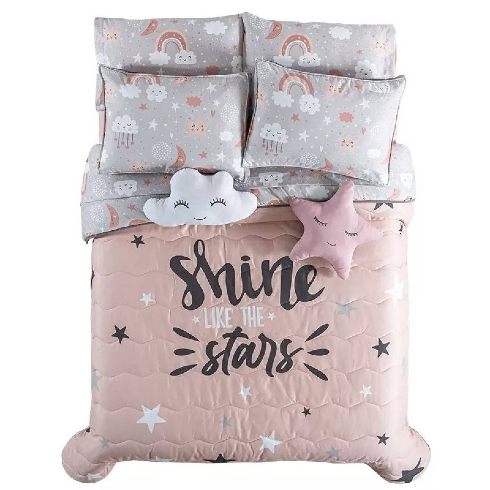 Edredón individual para niña estrellas c/ funda y cojín