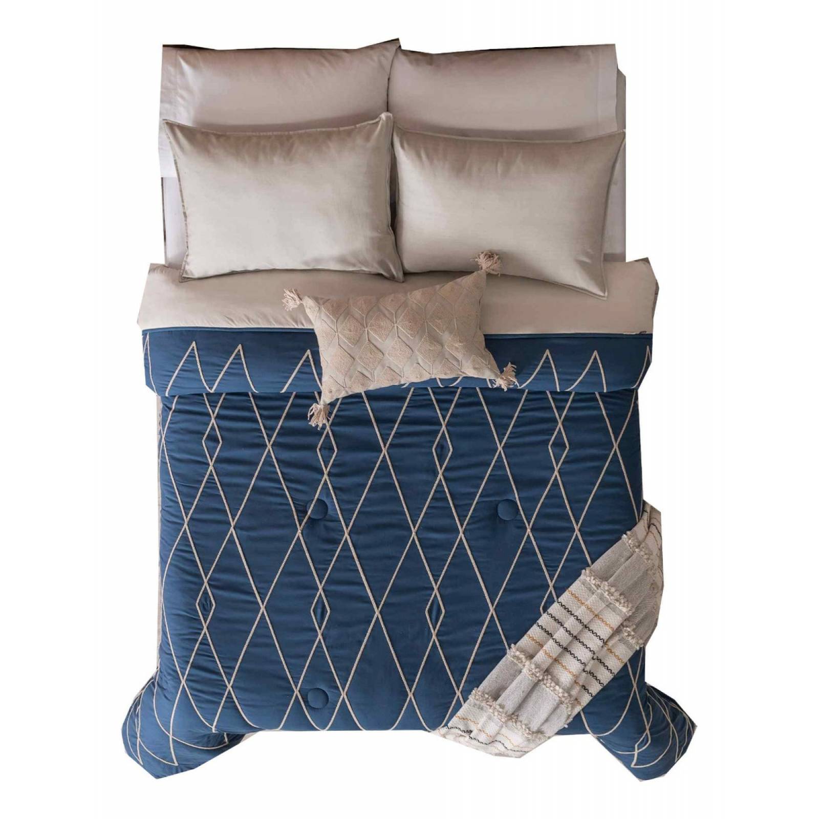 Edredón queen size bordado azul rombos c/ cojin y funda