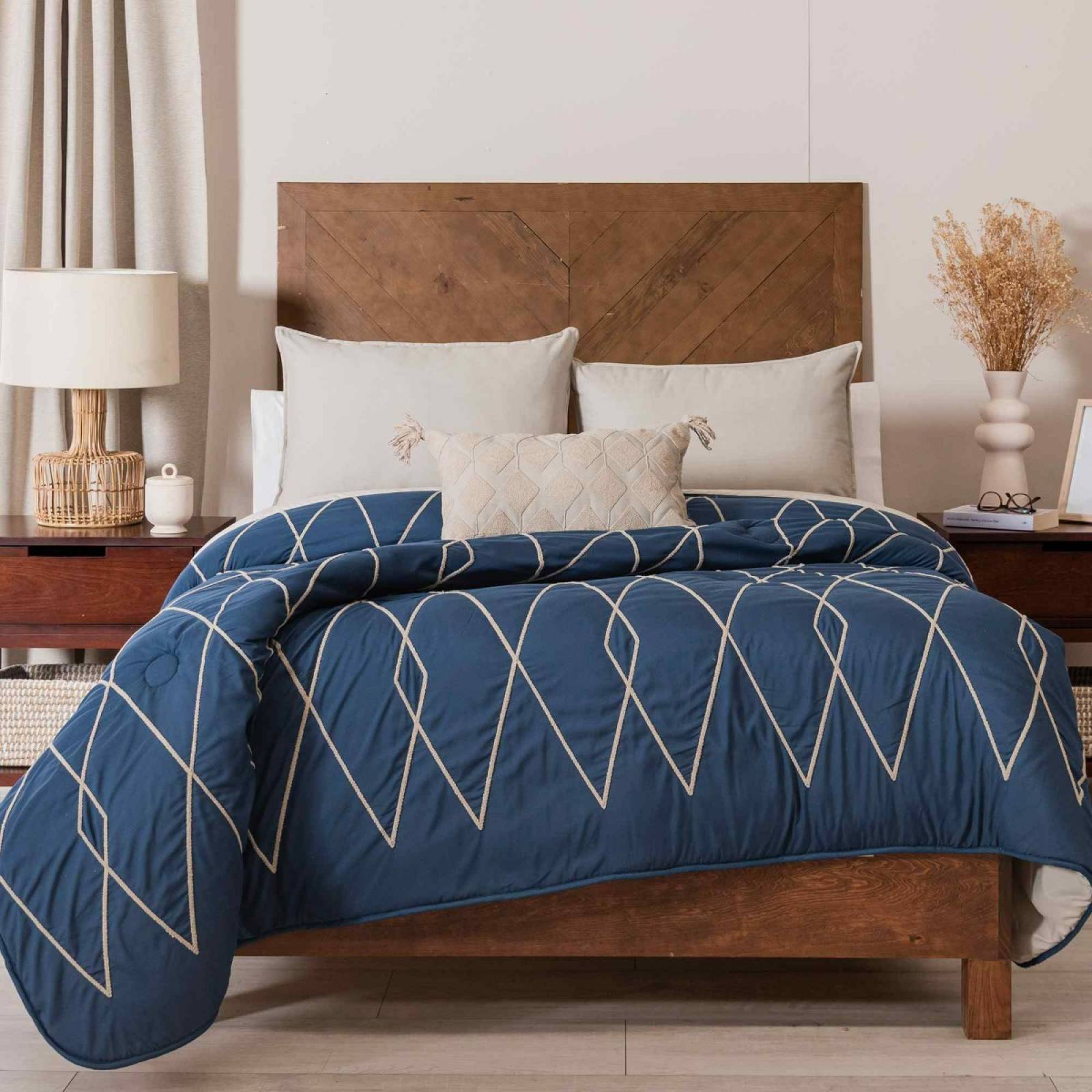 Edredón queen size bordado azul rombos c/ cojin y funda