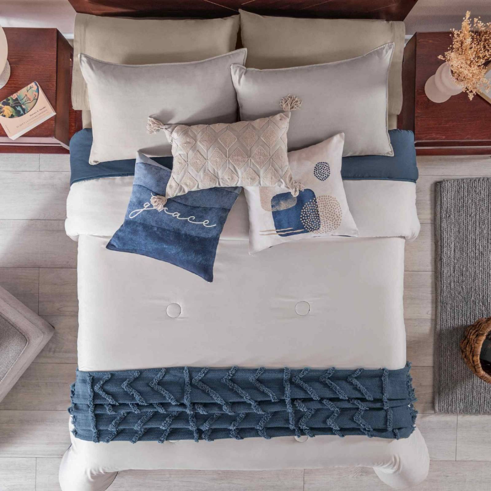 Edredón queen size bordado azul rombos c/ cojin y funda