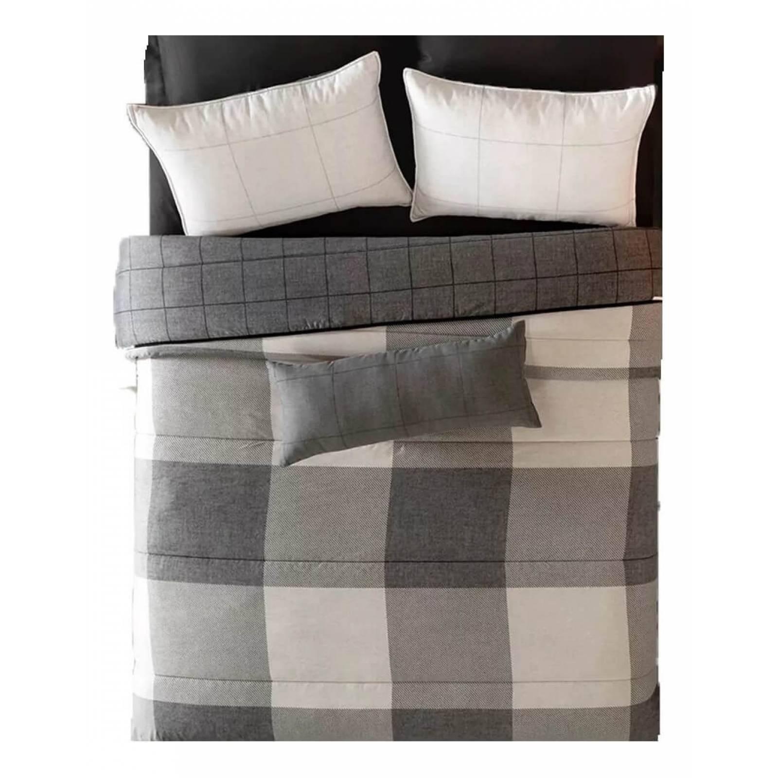 Edredón matrimonial gris cuadros con fundas y cojines
