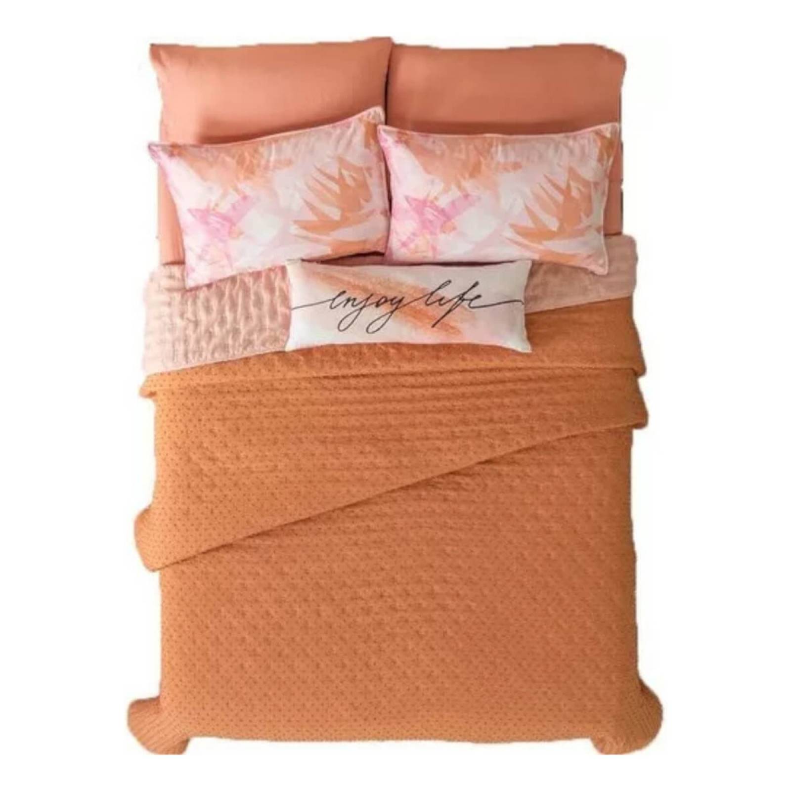Edredón matrimonial naranja pompones c/ fundas y cojin
