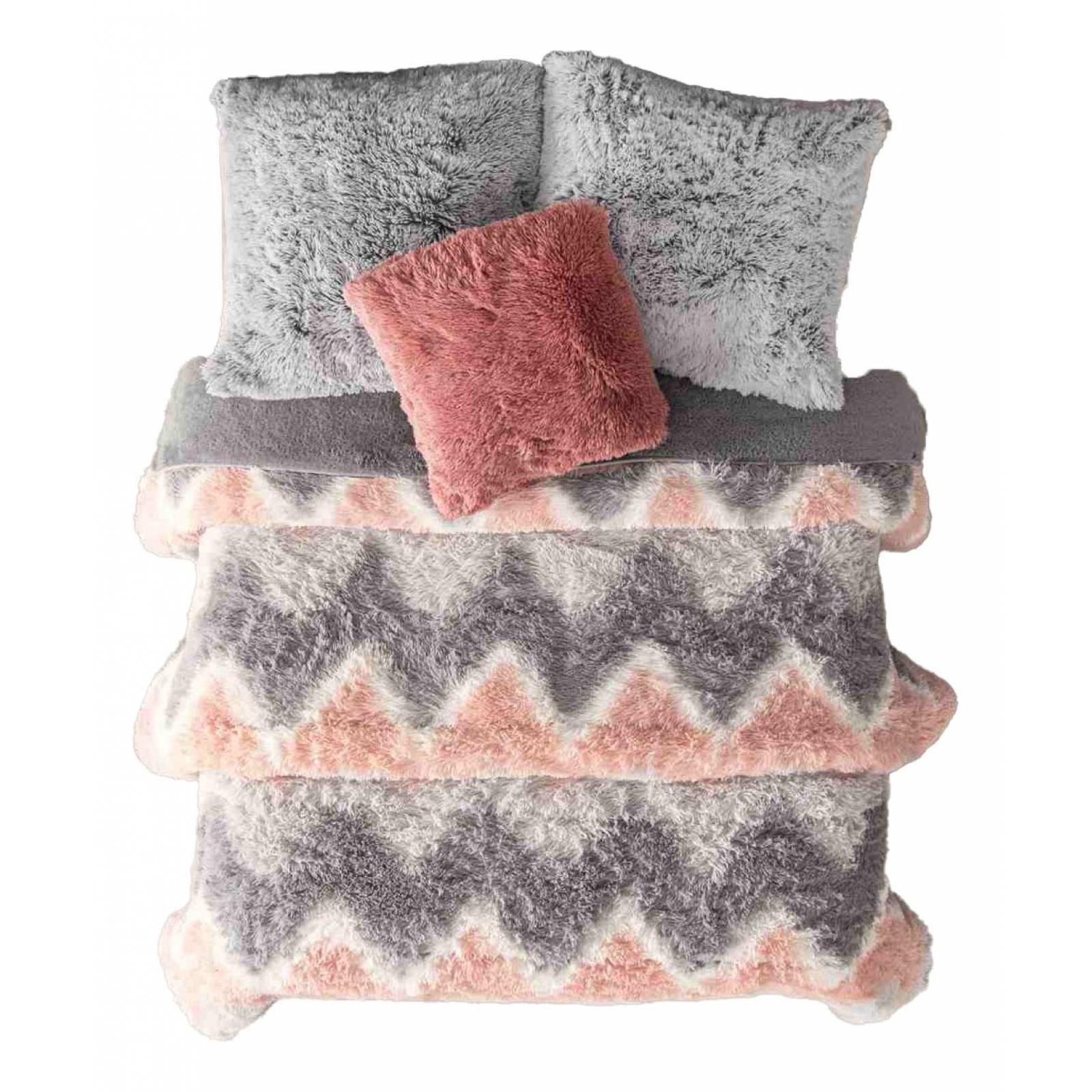 Cobertor king grecas rosa gris de pelo largo.