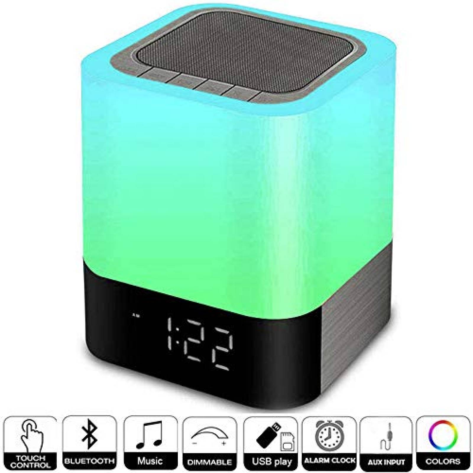 Bocina bluetooth portátil Hetyre con luz reloj despertador