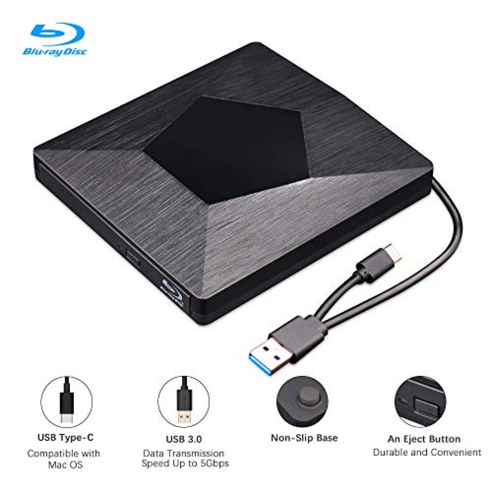Unidad externa Blu-ray Wihool USB + USB C para PC/Mac -Negro 