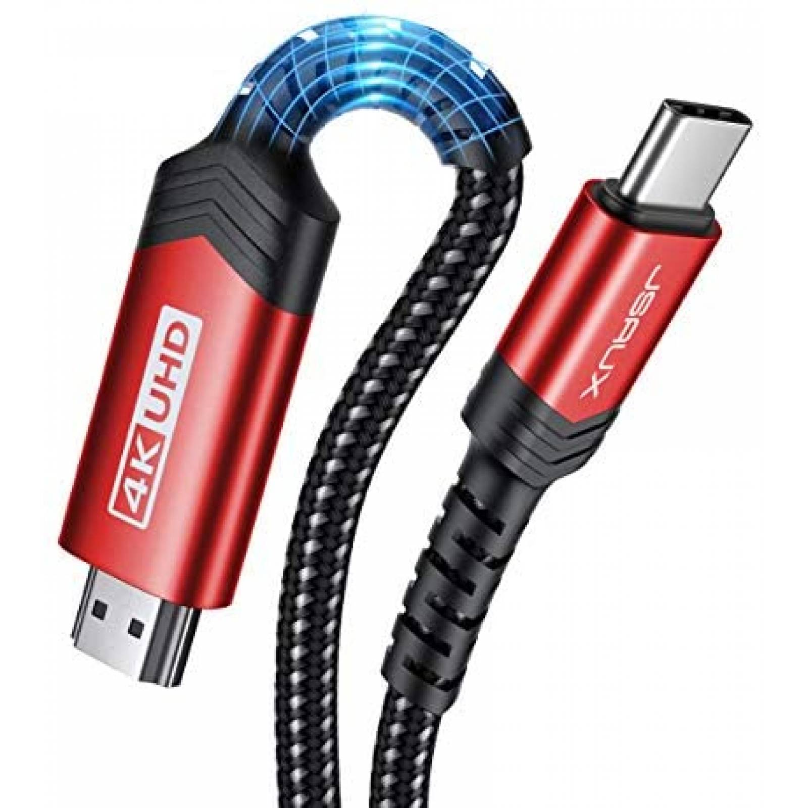 Cable USBC-HDMI JSAUX 13ft 4K 60Hz Compatible -Negro y Rojo 