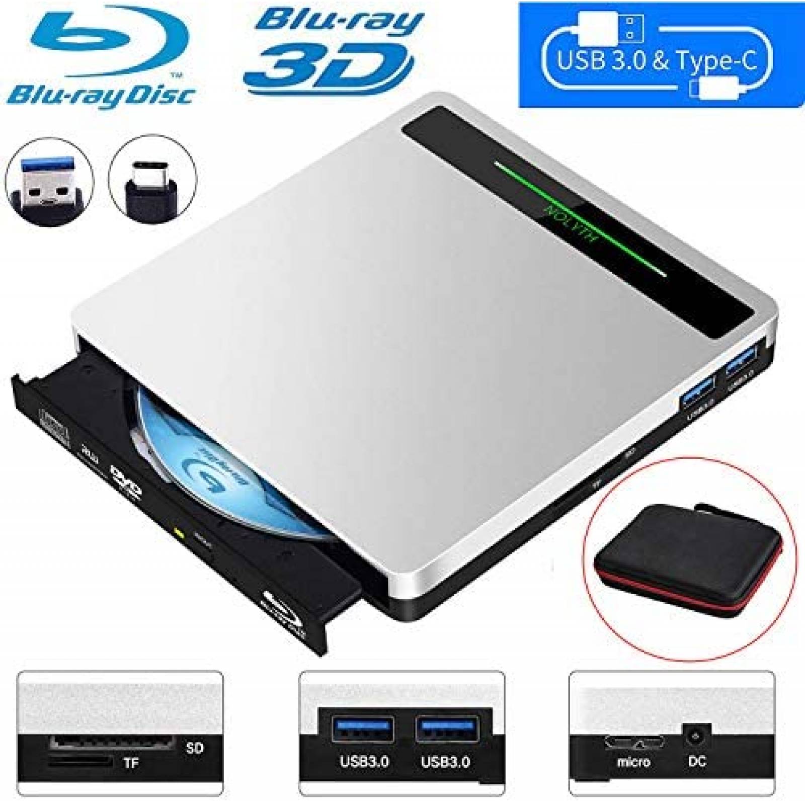 Quemador Externo de Discos NOLYTH Blu-Ray USB 5 en 1 -Gris