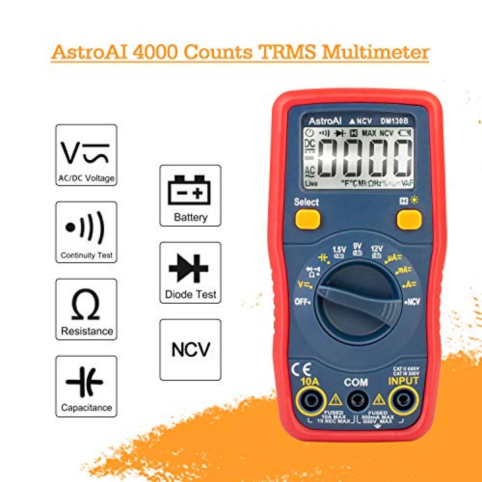 Multímetro AstroAI 1.5v/9v/12v Ajustes Versátiles -Rojo 