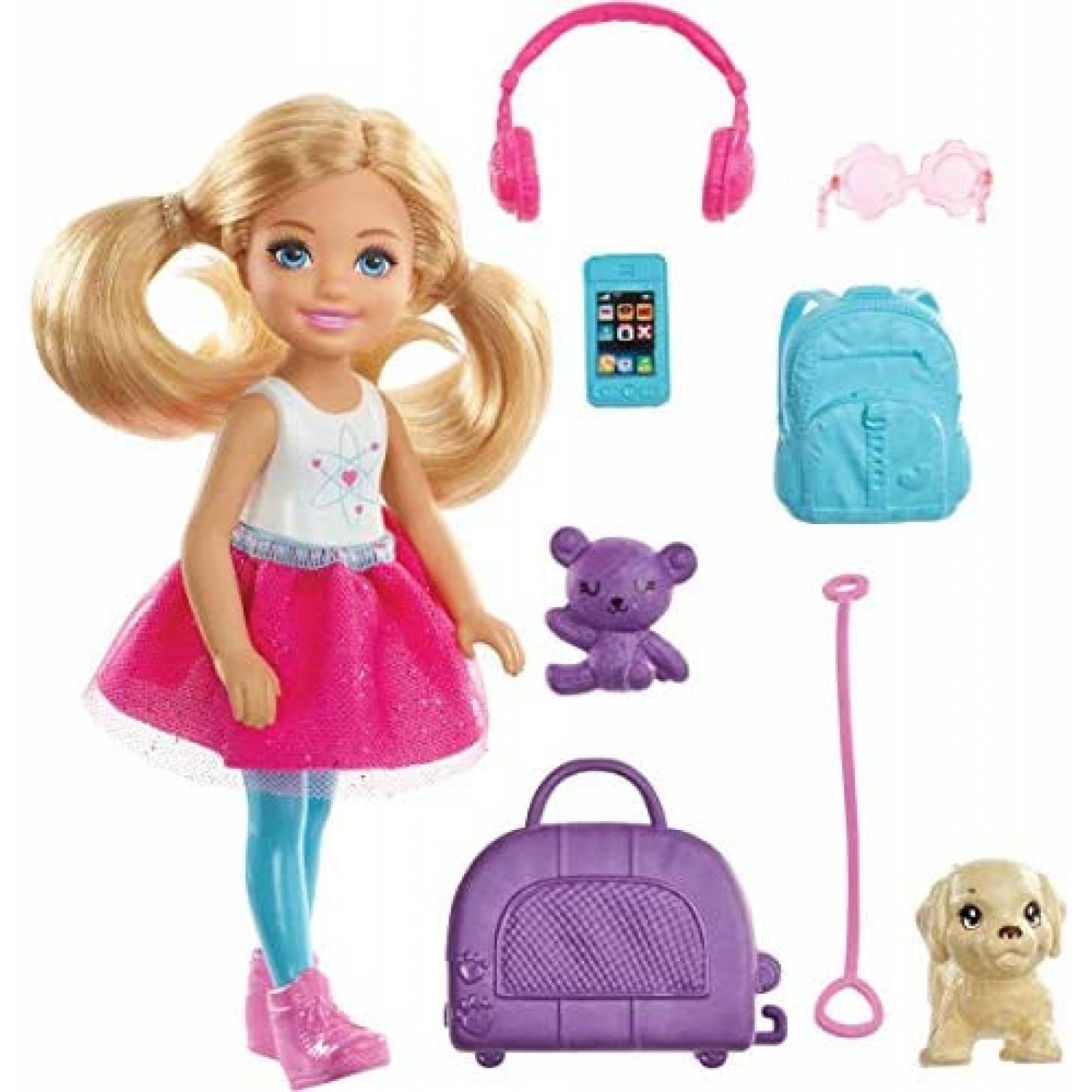 Muñeca Barbie Chelsea Travel con Perrito y Accesorios -Rubia