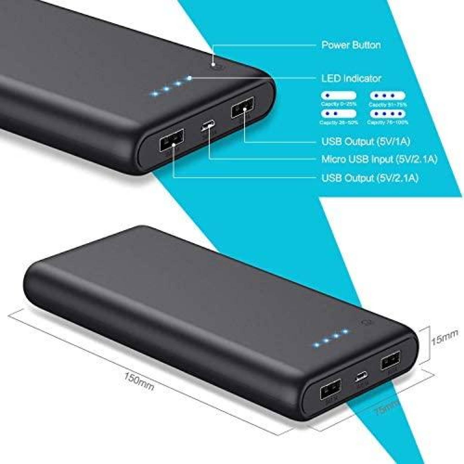 Cargador Portatil Yacikos Indicadores LED 26800mAh USB