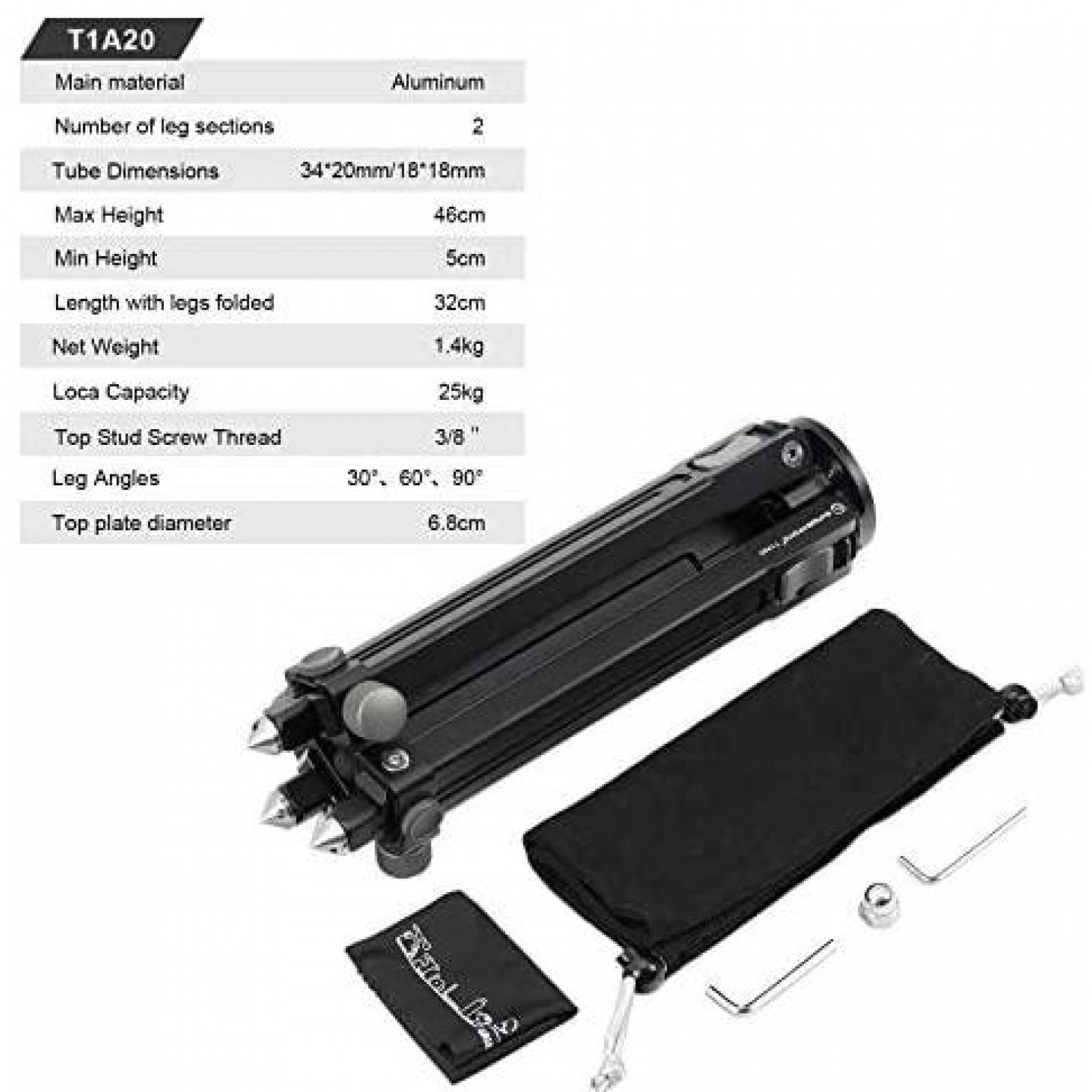 Tripode SUNWAYFOTO T1A20 2 Secciones Capacidad 25kg 46cm