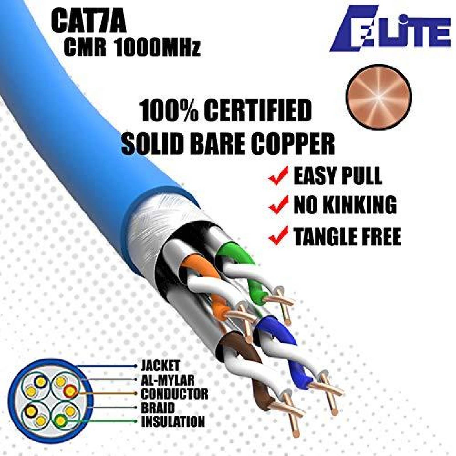 Cable Ethernet Elite CAT7A 1000ft 23AWG 1000MHz -Azul