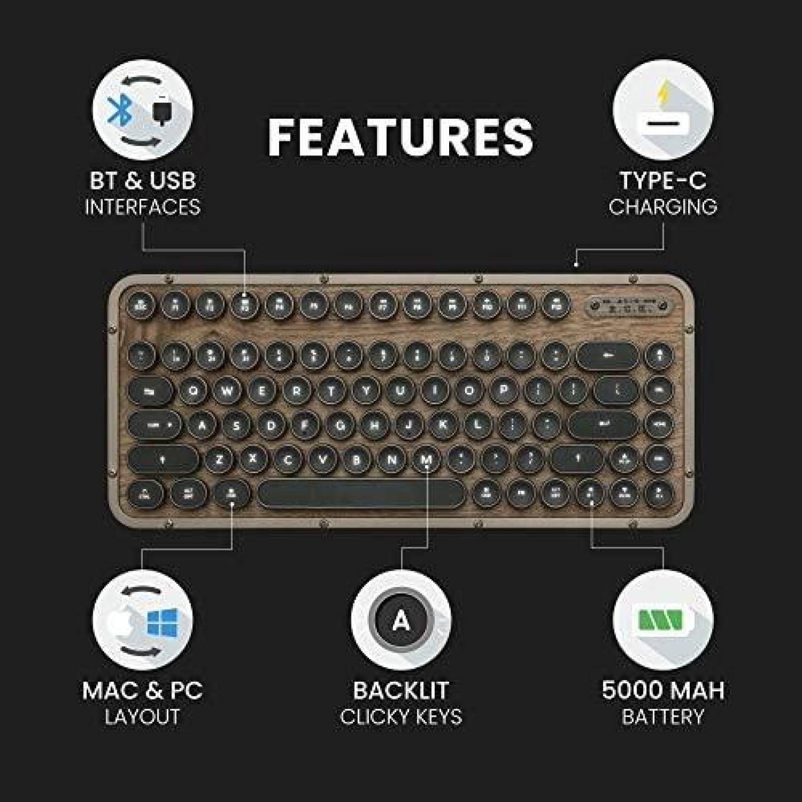 Teclado Azio Retro Compacto Mecanico Versatil -Cafe