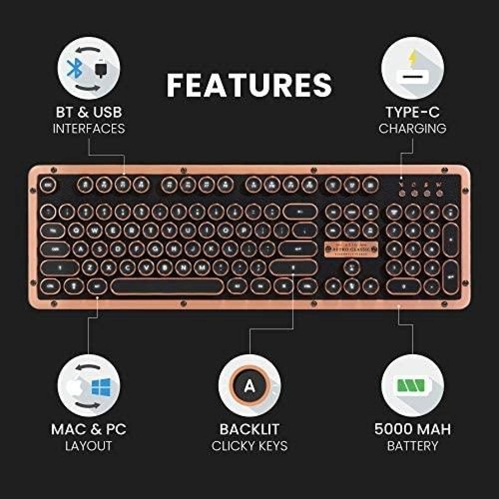 Teclado Azio Retro Bluetooth + USB Mecanico -Cafe