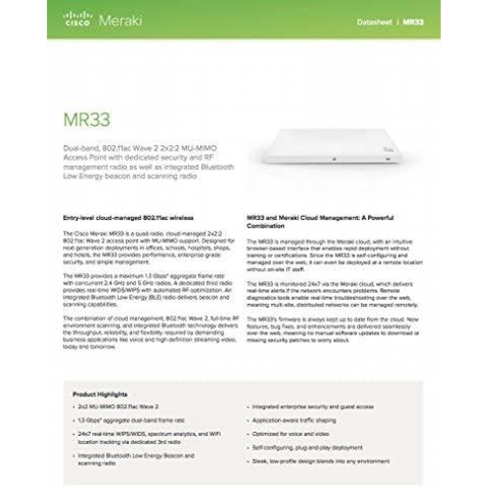 Punto de Acceso Cisco Meraki MR33 Quad-Radio 802.11ac Wave 2
