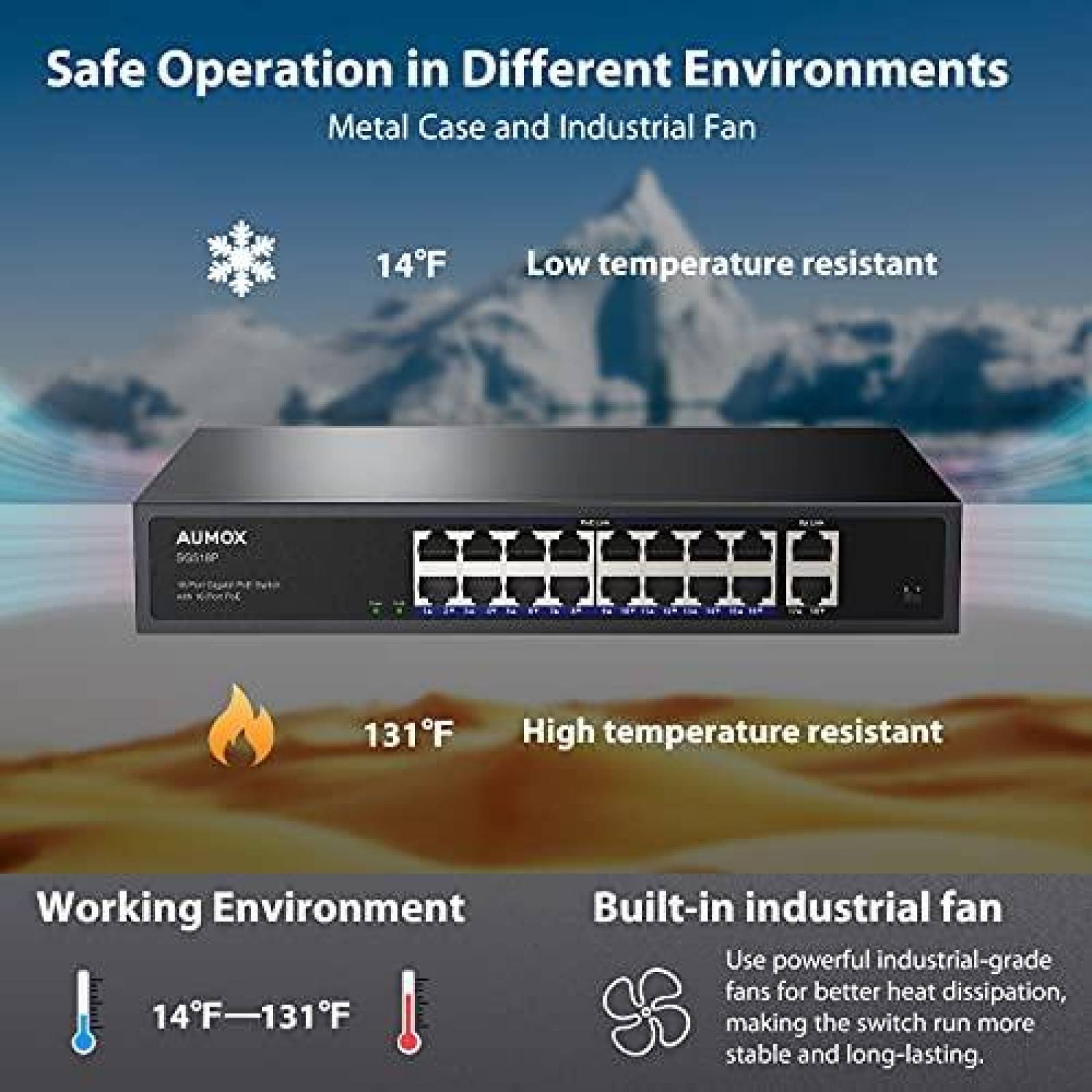 Switch no administrado de red Aumox SG518P de 18 puertos