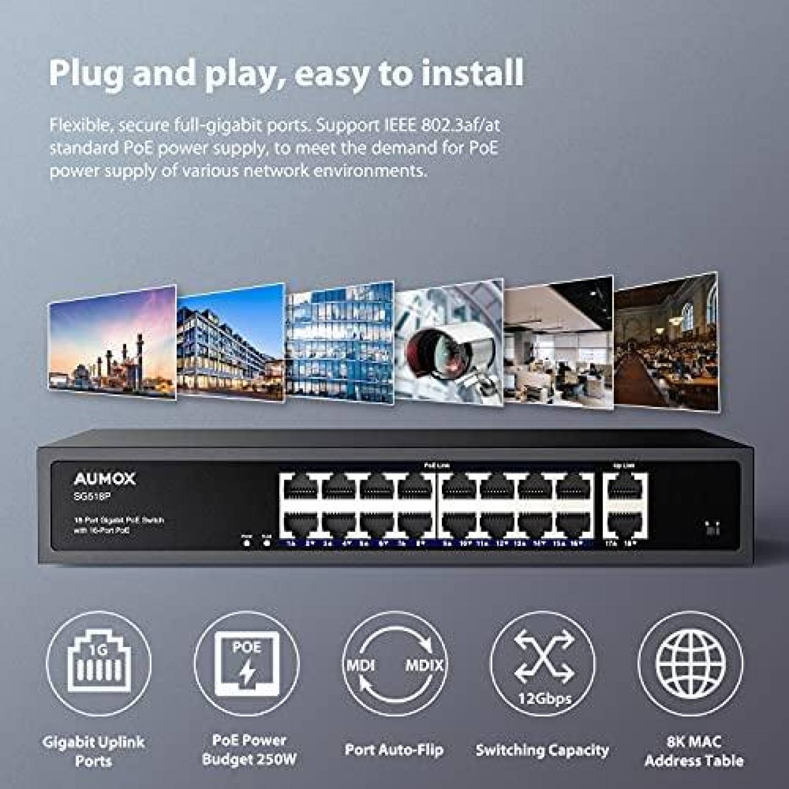 Switch no administrado de red Aumox SG518P de 18 puertos