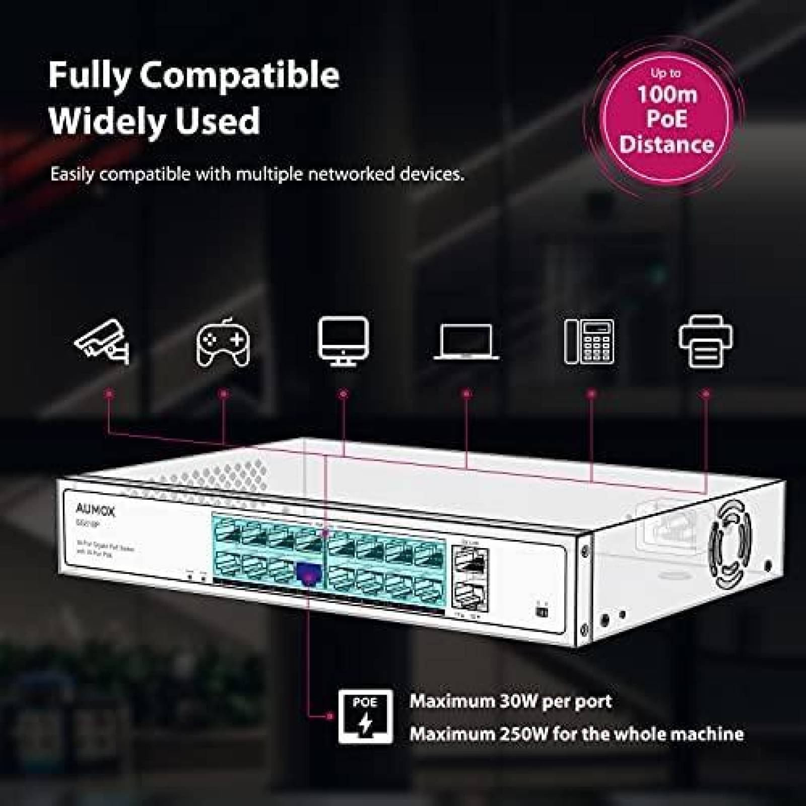 Switch no administrado de red Aumox SG518P de 18 puertos