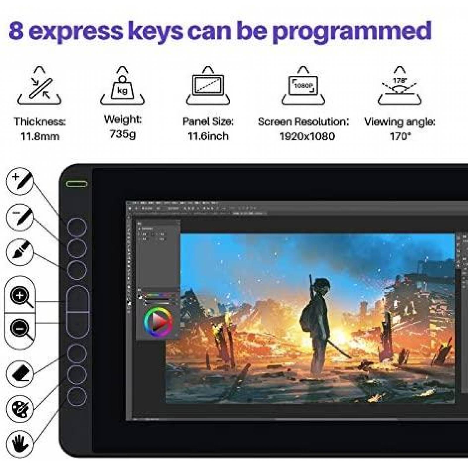 Tablet De Dibujo HUION Kamvas 12 11.6'' 8 Teclas Mas Lapiz