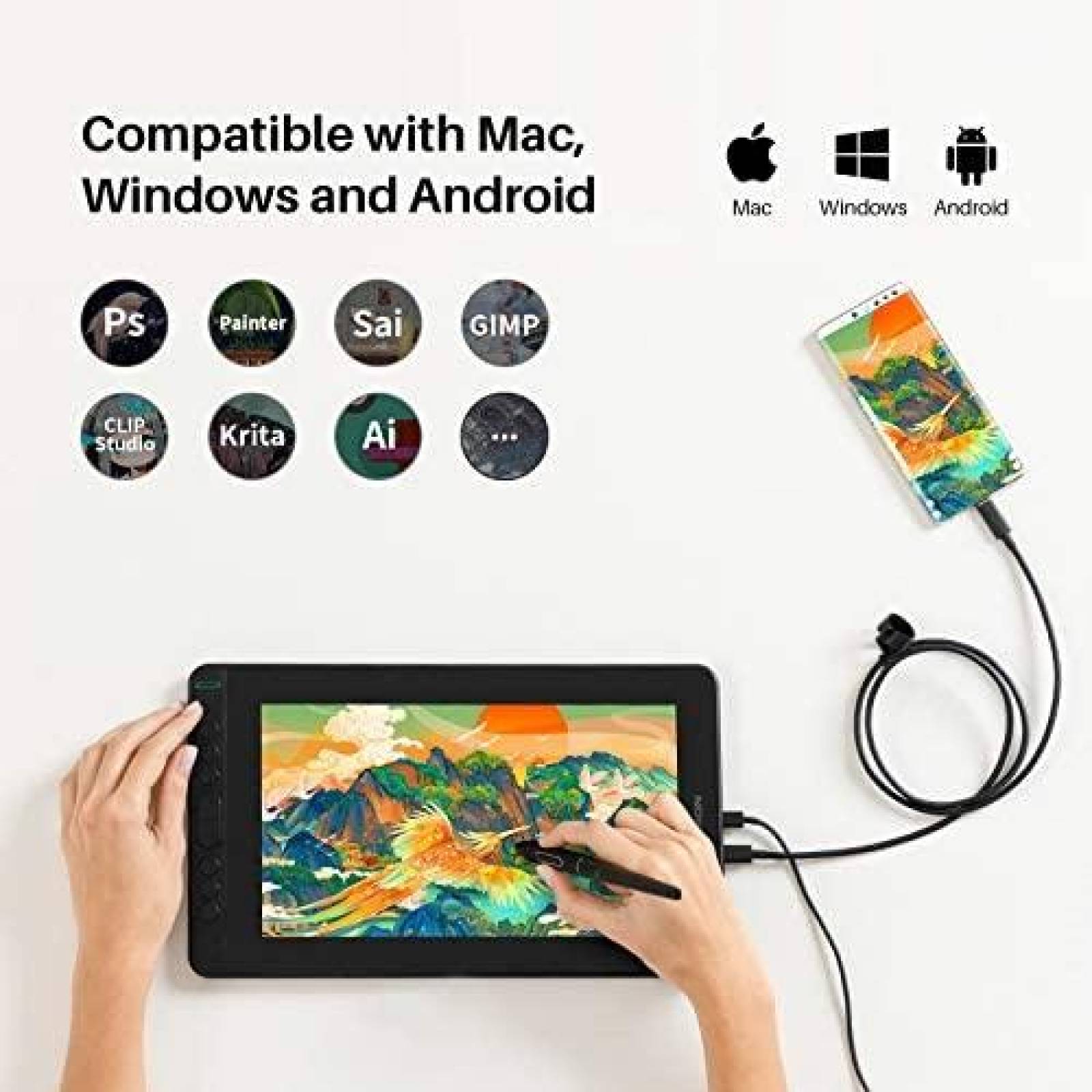 Tablet de Dibujo HUION Kamvas 12 2021 Conectividad 3 en 1