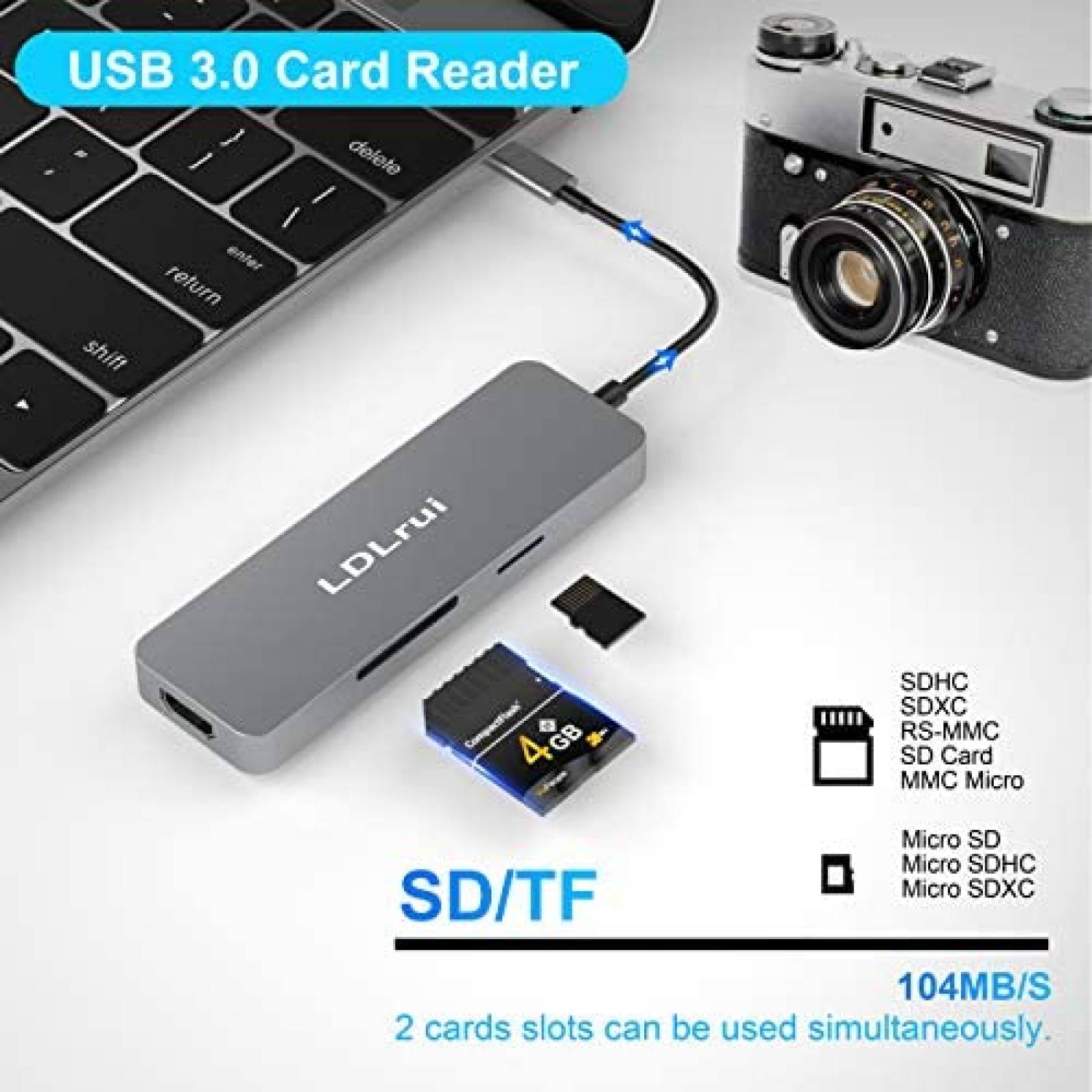 Adaptador LDLrui LR-HA10 Concentrador De USB 4 Puertos -Gris