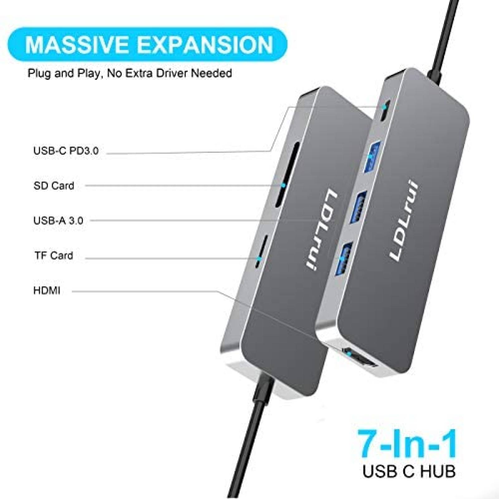 Adaptador LDLrui LR-HA10 Concentrador De USB 4 Puertos -Gris